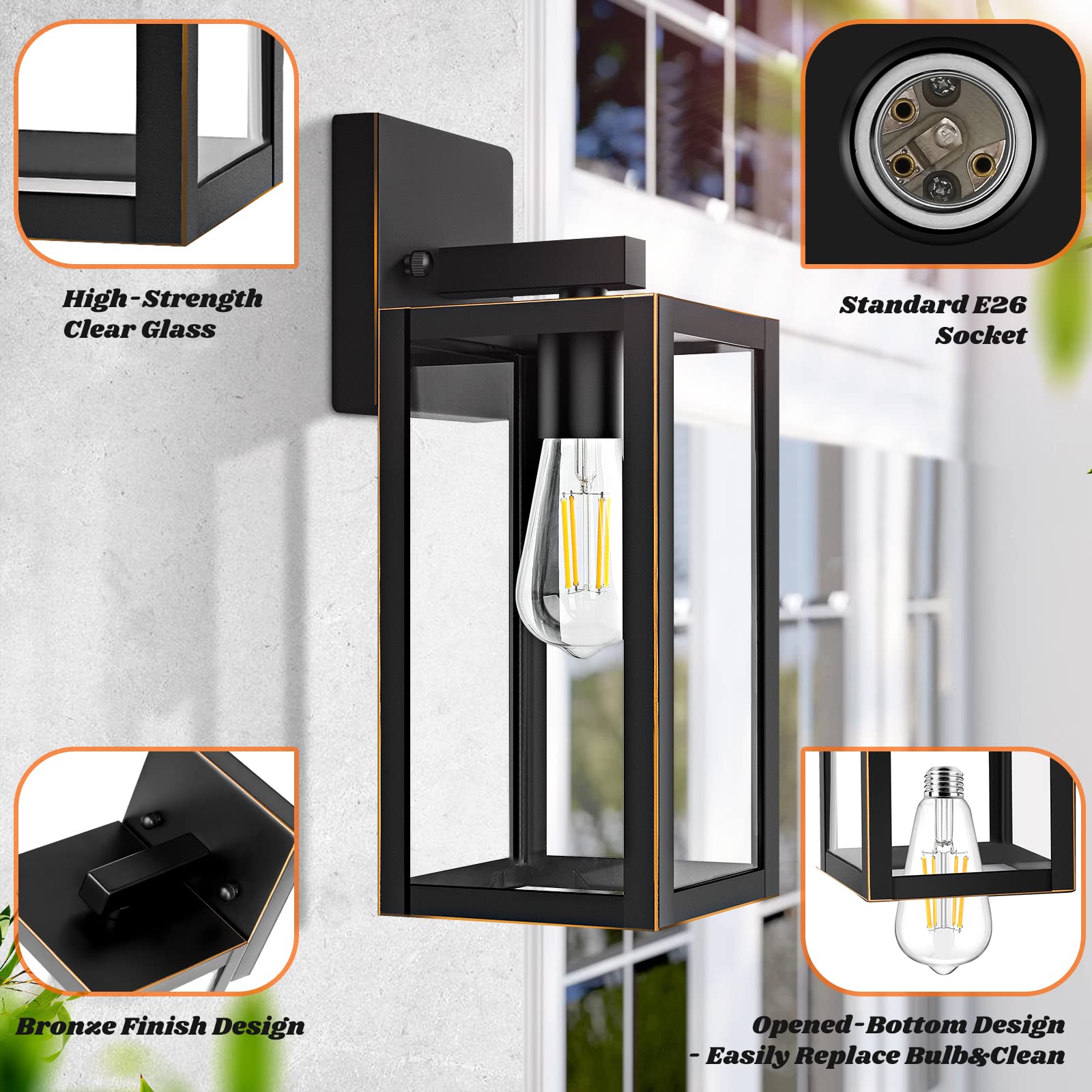 2-Pack Outdoor Lights For House, Waterproof Bronze Exterior Light Fixtures With Clear Glass, Anti-Rust Outside Wall Lanterns Sco