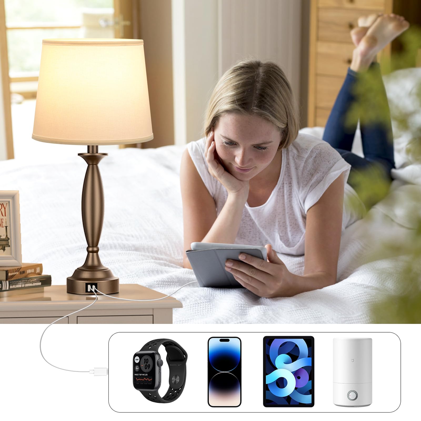 White Brown Lamps For Bedrooms Set Of 2 - Touch Control Bedside Lamp With Usb C+A, 3 Way Dimmable Nightstand Lamps With Usb Port