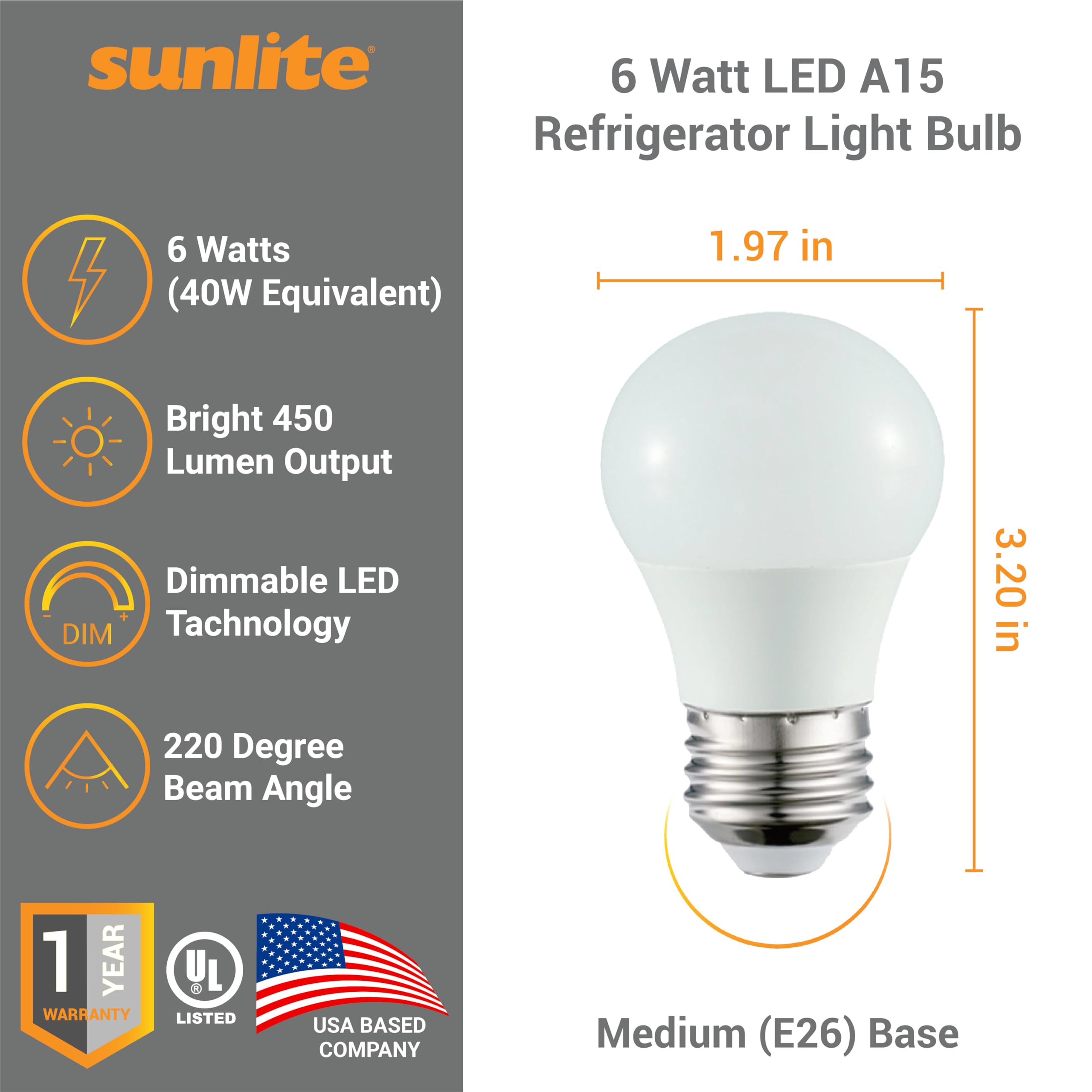 Sunlite Led A15 Refrigerator Light Bulb, 6 Watts (40W Equivalent), 450 Lumens, Medium Base (E26), Dimmable, Frosted Finish, Ul L