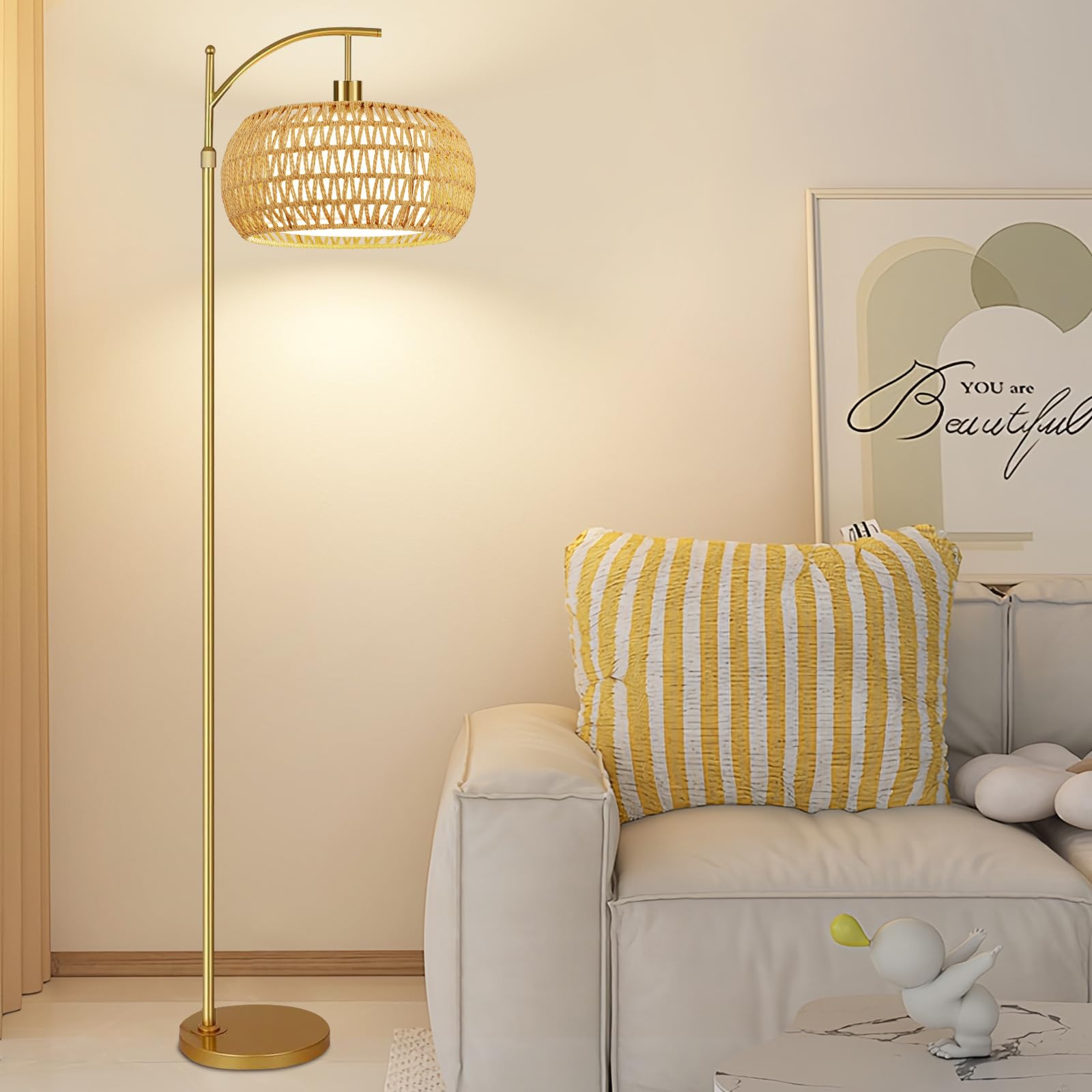 ZECOXOL Gold Rattan Floor Lamp with Remote Control, Dimmable, 12.28" Tall, Wicker Shade, Arc Design for Living Room & Bedroom
