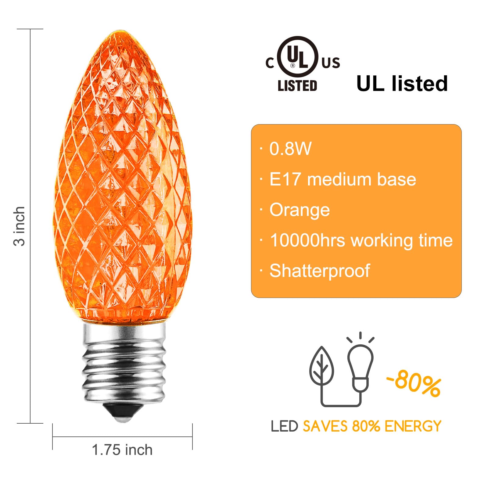 Brightown 25 Pack Orange C9 Led Replacement Halloween Lights Bulb, Orange C9 Shatterproof Led Bulb For Halloween String Light, E17 Intermediate Base, Commercial Grade Bulbs