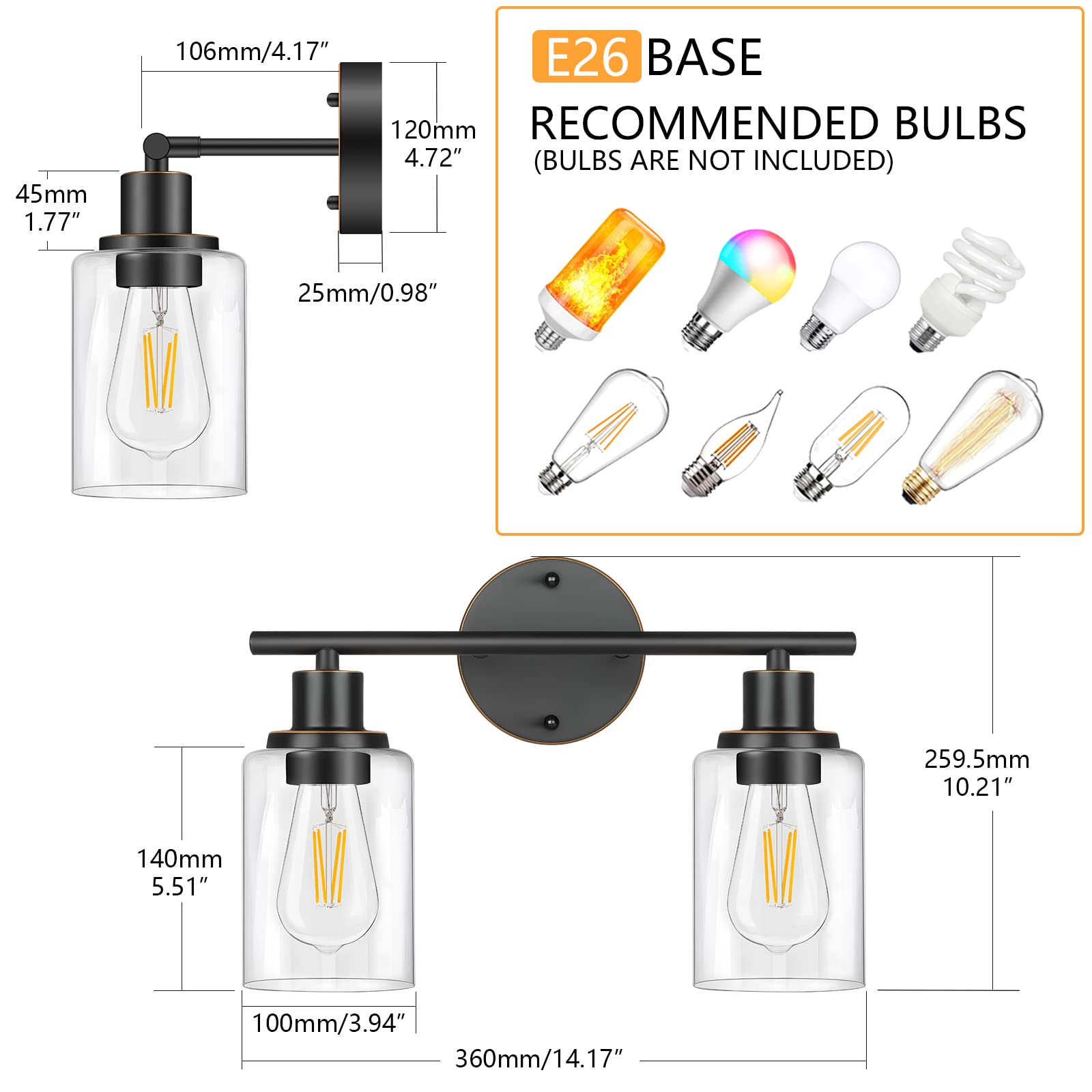 FOLKSMATE 2-Light Bathroom Vanity Light, Oil Rubbed Bronze, Modern Wall Sconces with Glass Shade, 14.17 inch, Model OMTZT-009B