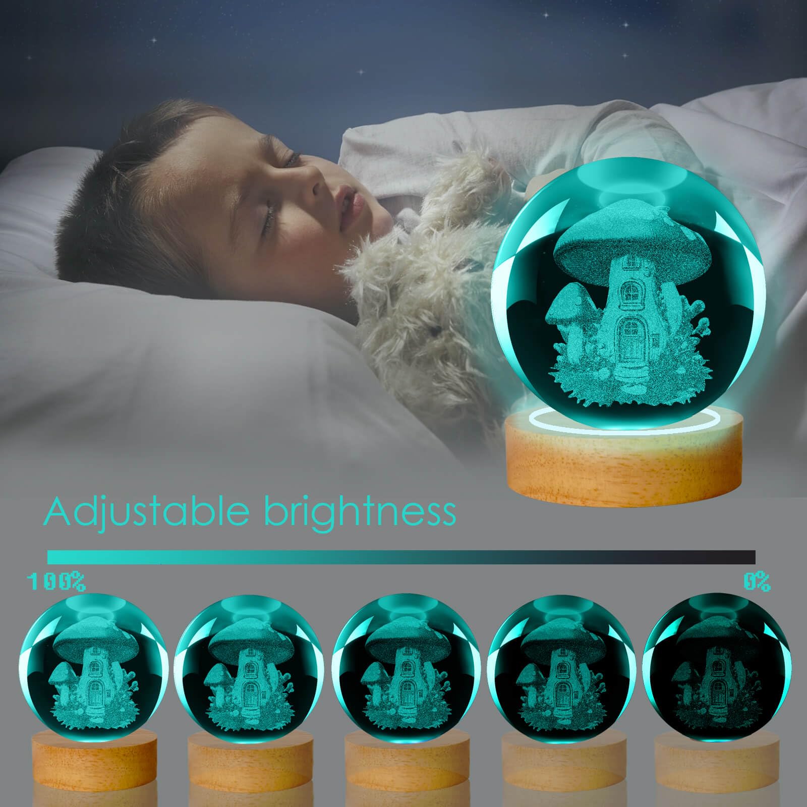 LINSINA Mushroom Lamp - 3.15in Crystal Ball Night Light with Wooden Base, Remote Control, 16 Colors, Model lamp-01, 3D Mushroom Color