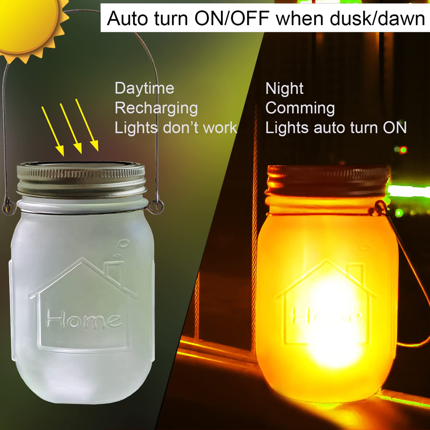 Aubasic Solar Mason Jar Flicker Lights, 4 Pack Metal Hanging Lanterns, Dusk to Dawn Auto On/Off, Outdoor Torch Decoration