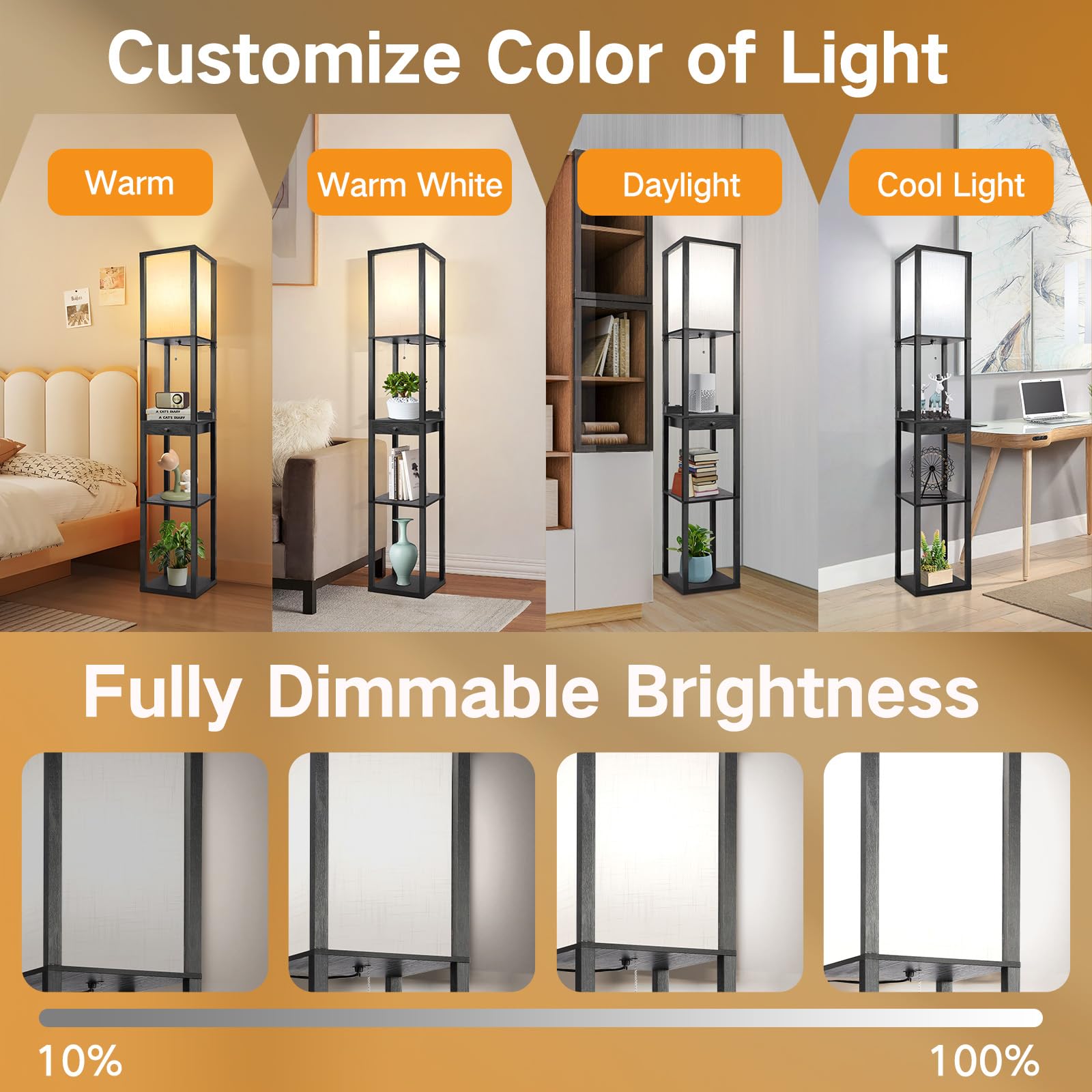 OUTON Floor Lamp with Shelves, 1 Drawer, 2 USB-C Ports, 2 AC Outlets, LED, Wood, Black