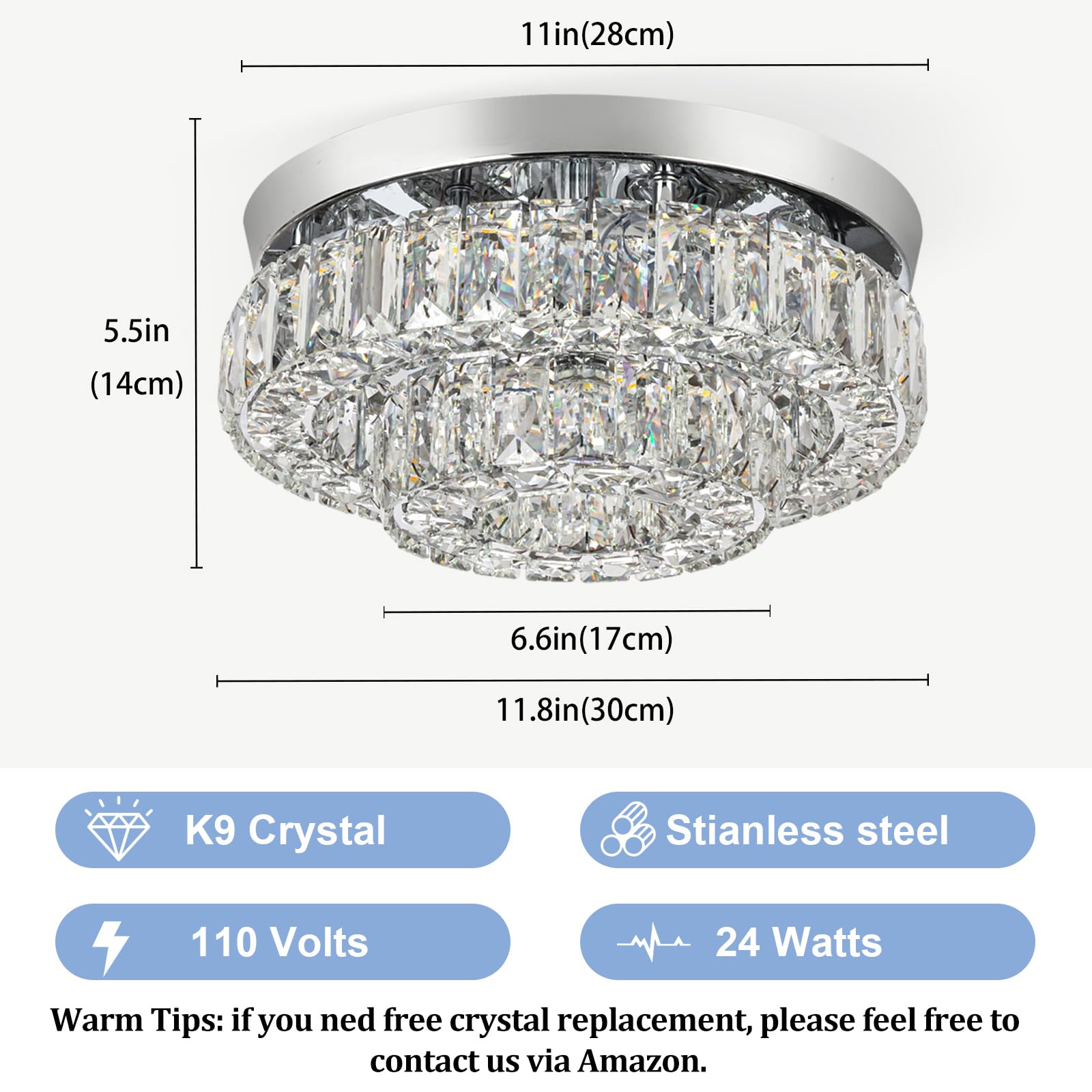 Hongnuofc 11.8&quot; Dimmable Led Crystal Chandelier Light With Remote For Hallway, Bedroom, Kitchen