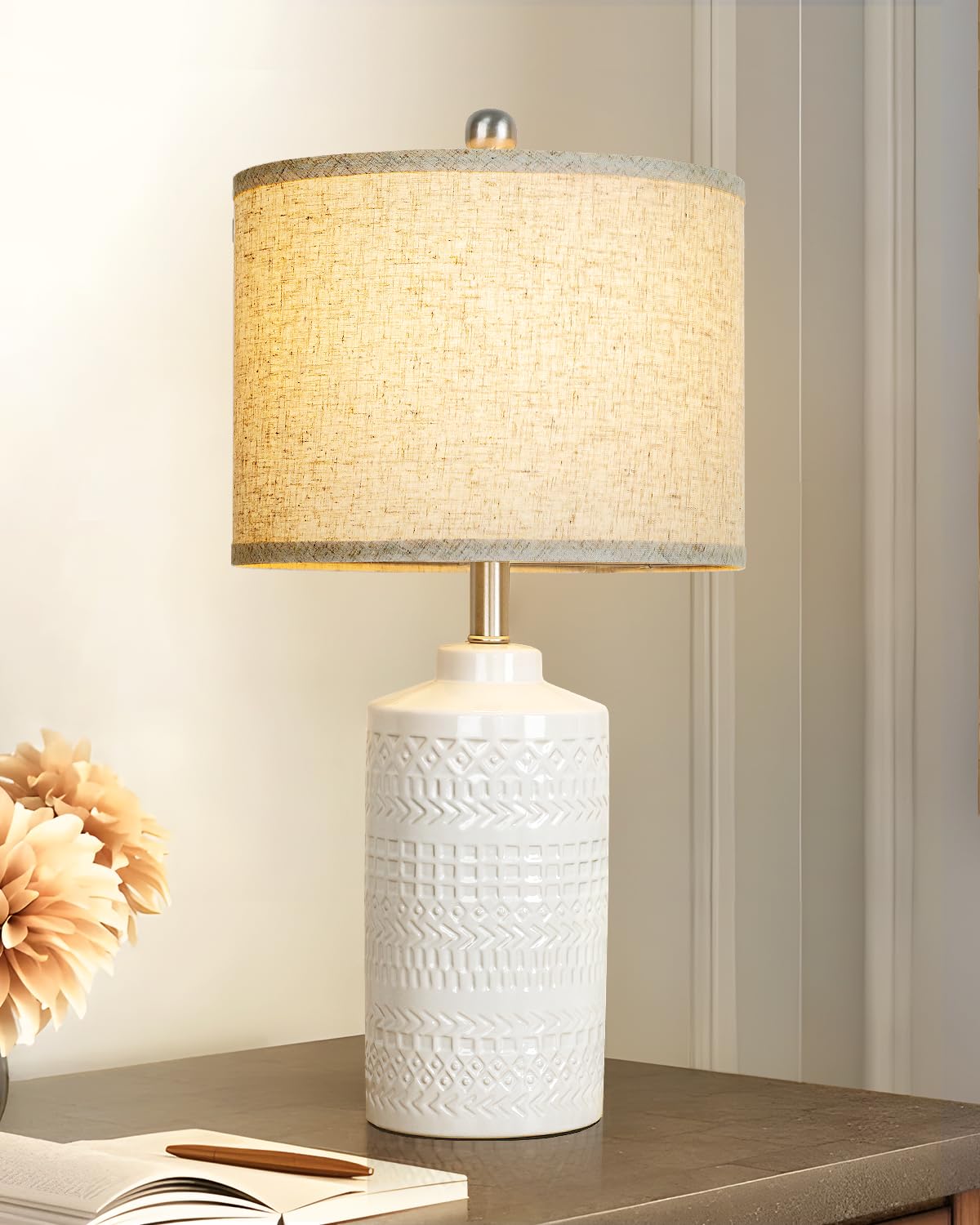 JUNNAI White Ceramic Table Lamp with Beige Shade: 3-Way Dimmable Night Stand Light Lamp 24.5'' Modern Table Lamps for Living Roo
