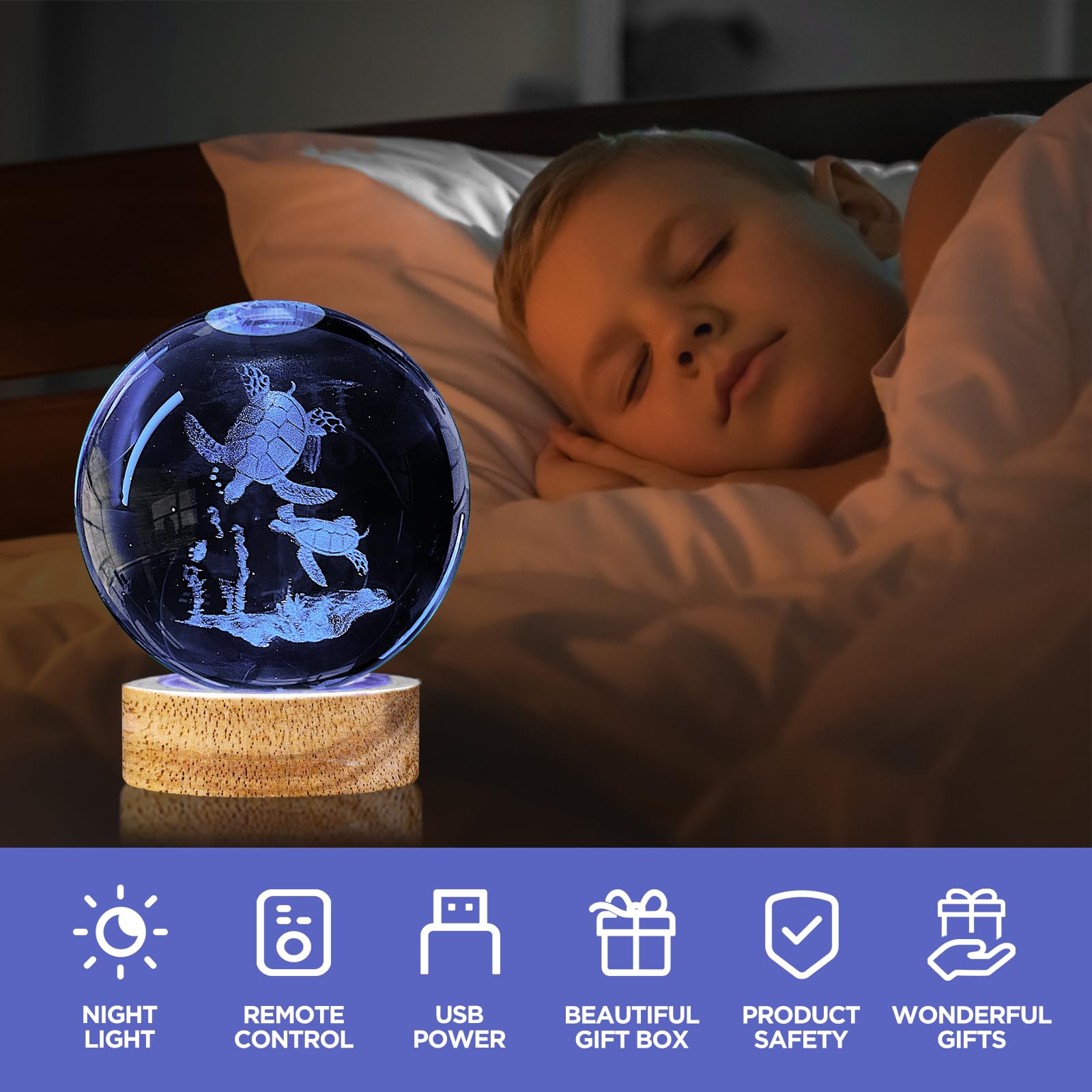 3D Sea Turtle Crystal Ball Night Light With Woodern Base, 3.15 Sea Turtle Glass Ball Lamp 16 Colors With Remote Control Sea Turt