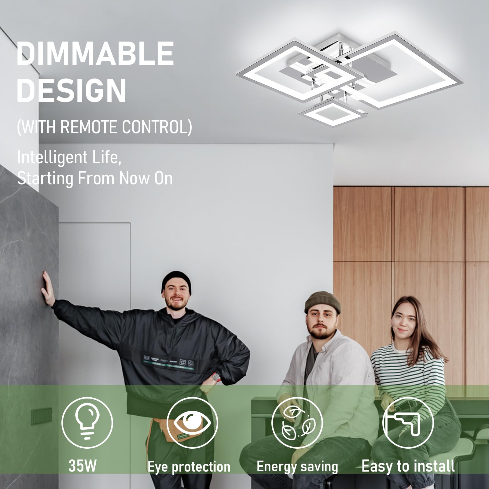 Hlilceh Modern Chrome Led Ceiling Light 3-Square Design 3000K-6500K Dimmable Led Ceiling Light With Remote 33W Acrylic Ceiling L