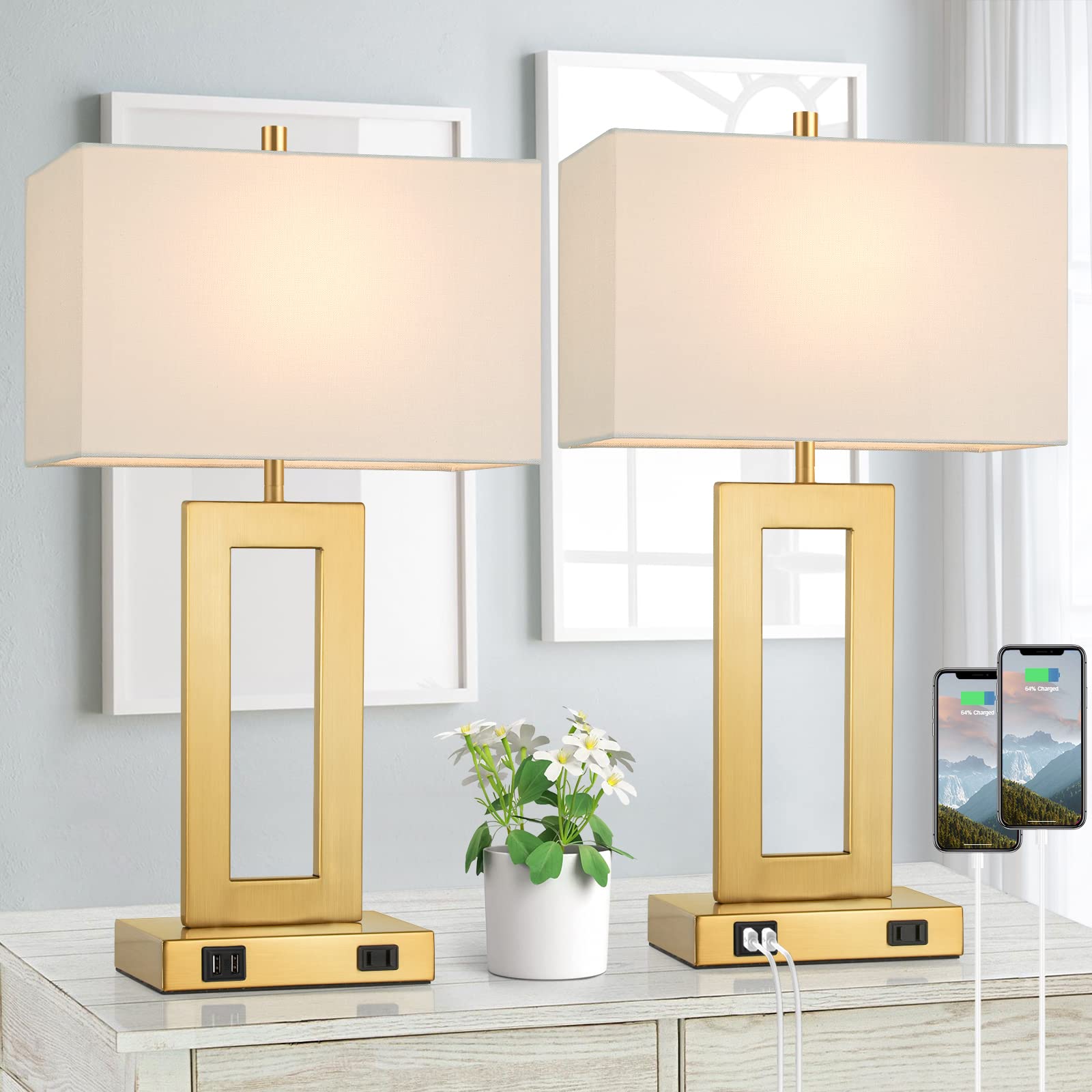 22? Table Lamps for Bedrooms Set of 2, Gold Bedside USB Desk Lamp with AC Outlet, Touch Control Modern Vintage Living Room Table