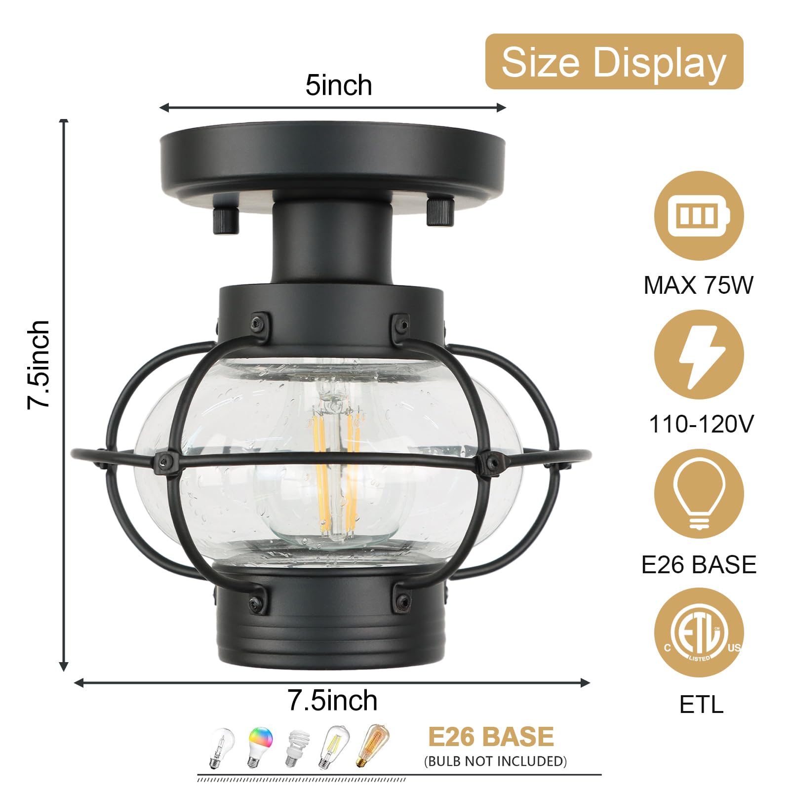 Kalium Hallway Light Fixtures, Industrial Ceiling Light Fixture With Glass Globe Shade, E26 Standard Base Farmhouse Ceiling Light For Hallway Entryway And Foyer