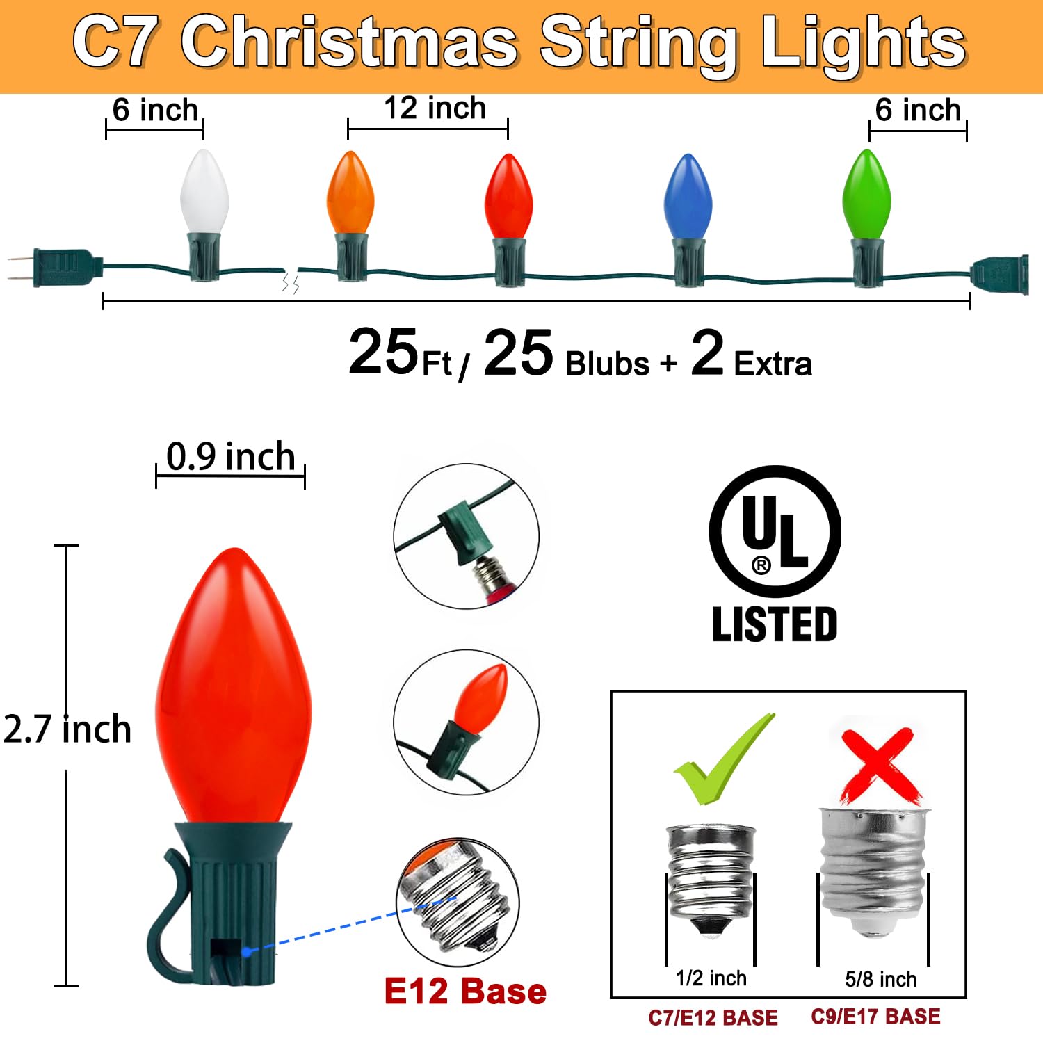 C7 Christmas Lights, 25Ft Ceramic Vintage Christmas Lights With 25 Multicolor C7 Bulbs, Hanging Outdoor Christmas Lights For Chr