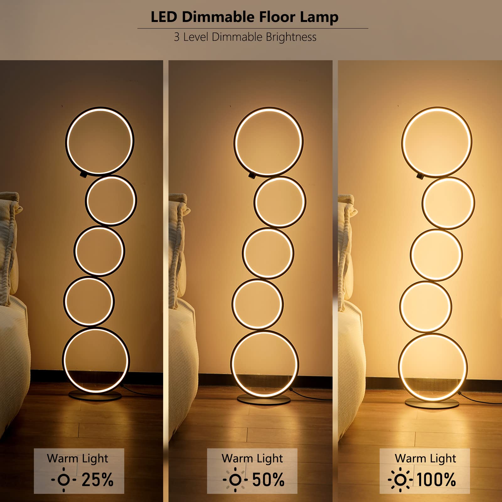 Nur 43.3'' Modern Floor Lamp, Ring Standing Lamp, Dimmable, Metallic Feel, Artistic Trendy Design, Energy-Saving, Touch Switch,