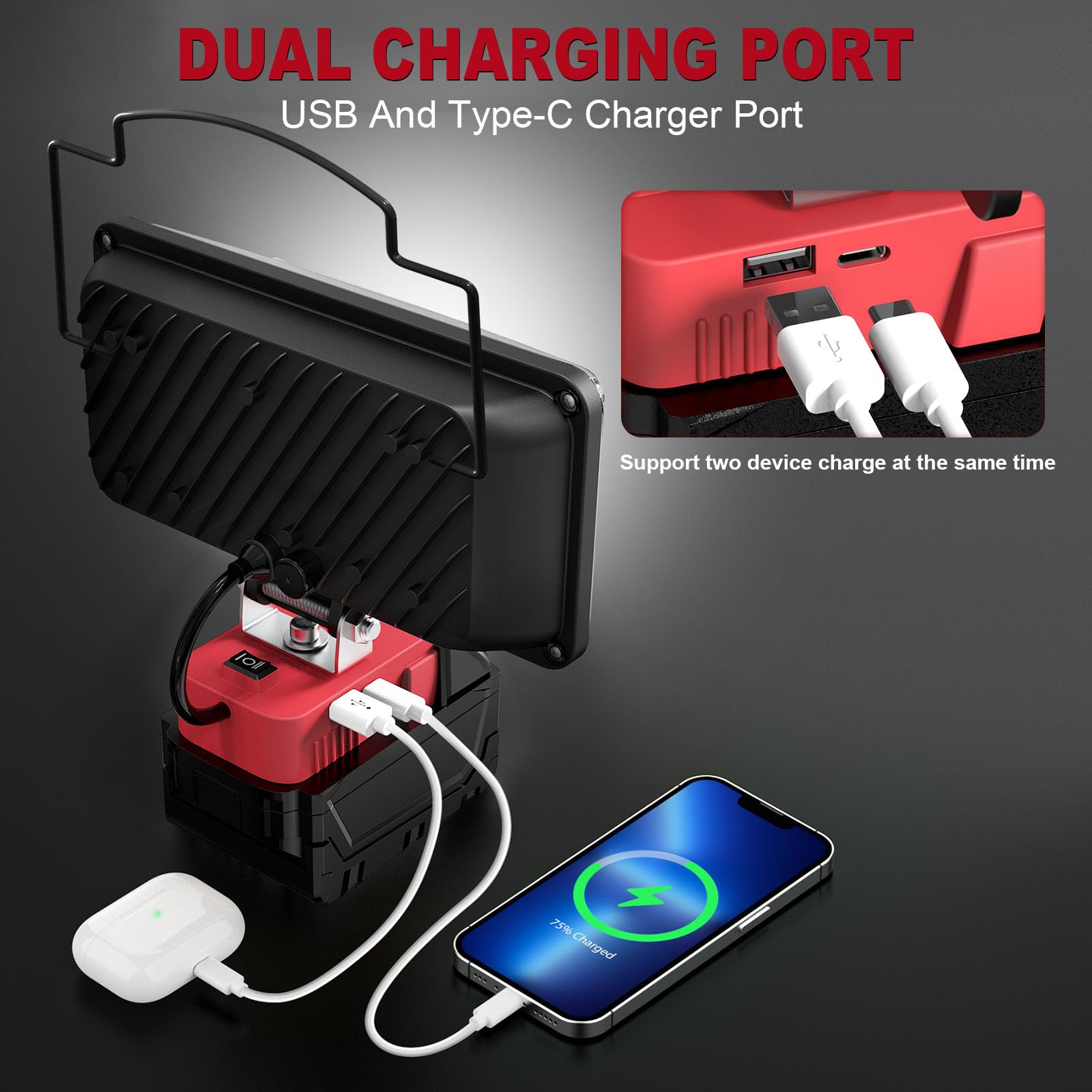 LIVOWALNY Cordless Flood Light, 90W 9000LM, 18V Battery, USB & Type-C Charging, 140° Pivoting Head, Portable, 1 PCS