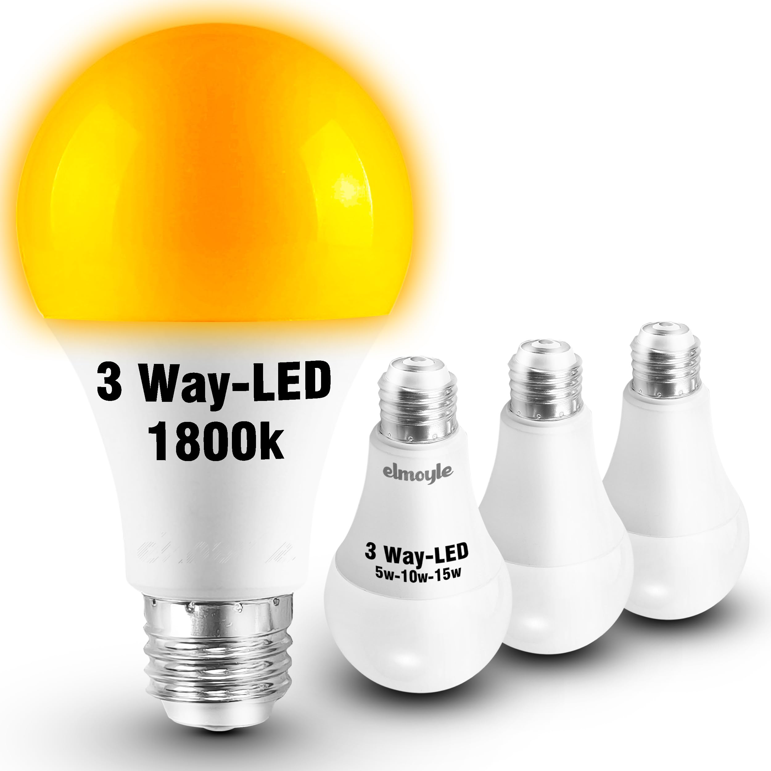 Elmoyle 3 Way LED Light Bulbs Amber 30 70 100 Equivalent, 1800k Warm Light Bulbs, A21 3way LED Amber Night Light Bulb 5/10/15W, 