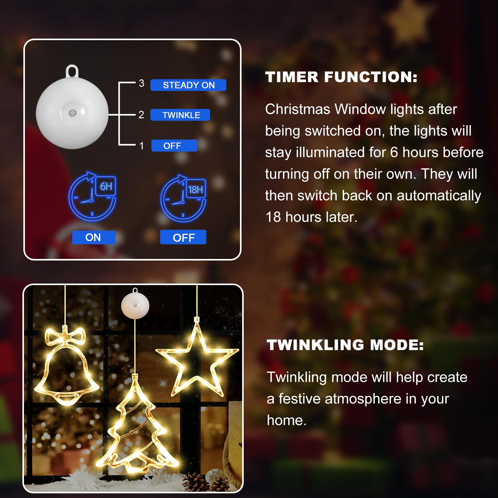 LYUBASA [Timer] 3Pcs Christmas Window Lights Decorations,Battery Powered Christmas Window Hanging Warm White Lighted Tree Bell S
