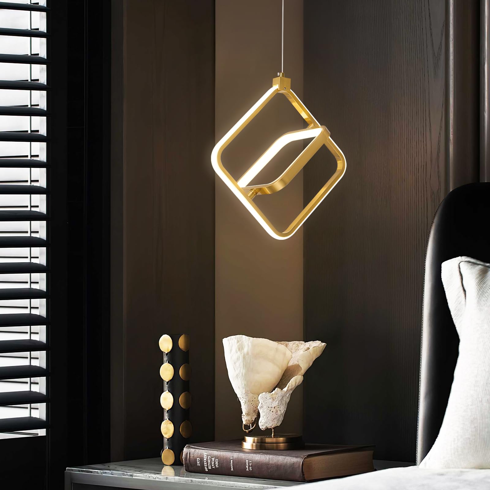 Bnhhlz Modern Led Chandelier Gold Rectangular Pendant Light Fixtures 4000K 20W Dimmable Height Adjustable Pendant Lighting For Dining Room Kitchen Island Bedroom Living Room Foyer(1-Pack)