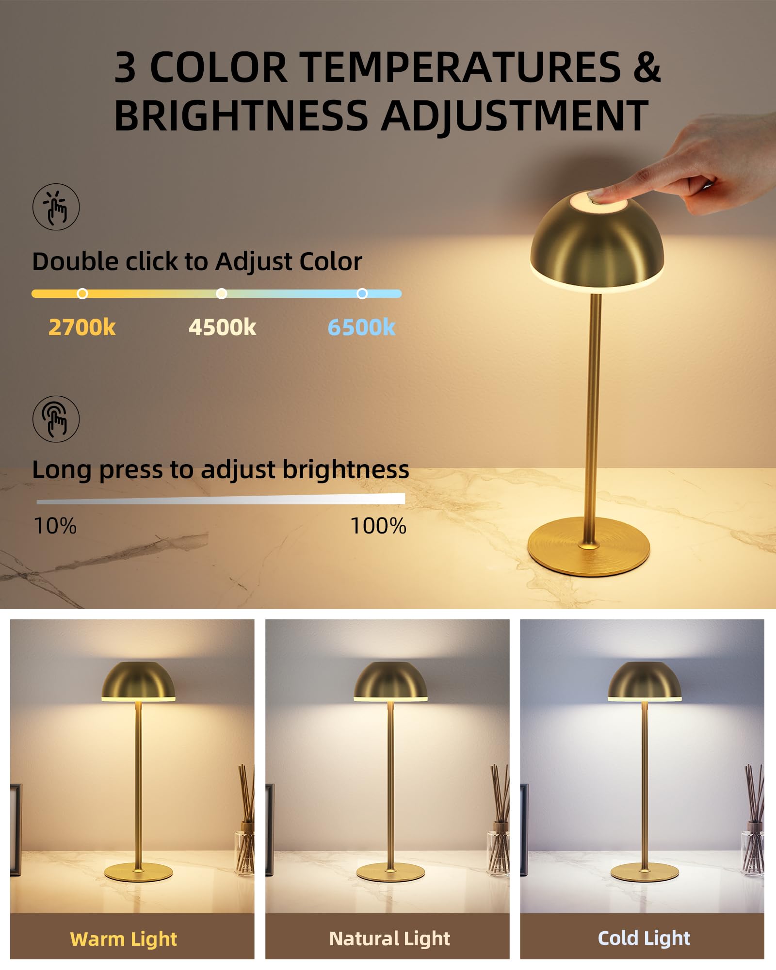 EZVALO Cordless Table Lamp, LED, Touch Control, Stepless Dimming, 2 Pack, Gold, Model TL02