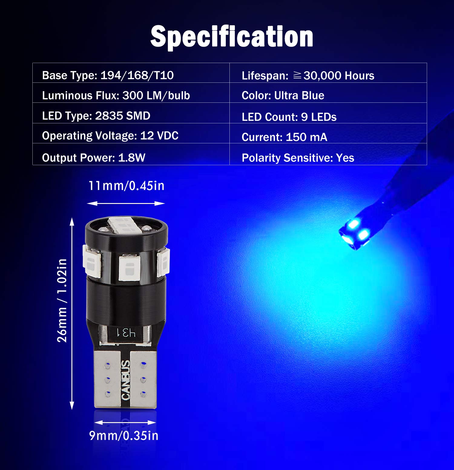 BRISHINE 194 LED Bulbs, 300LM Ultra Blue, 9-SMD 2835 Chipsets, Canbus Error Free, Pack of 4, Model XPISMII-194