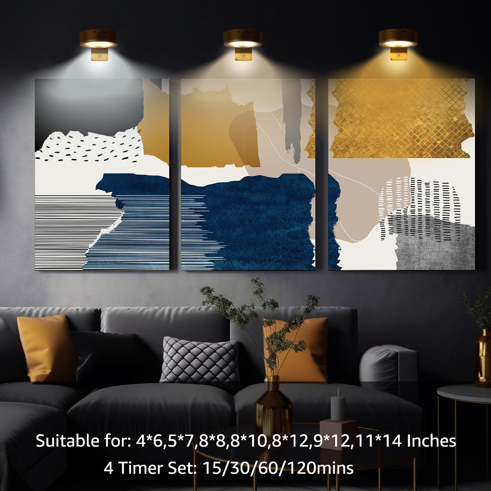 3-Pack Picture Lights For Wall, Rechargeable Battery Operated Painting Light With Remote Control Dimmable And Timer, 3 Lighting