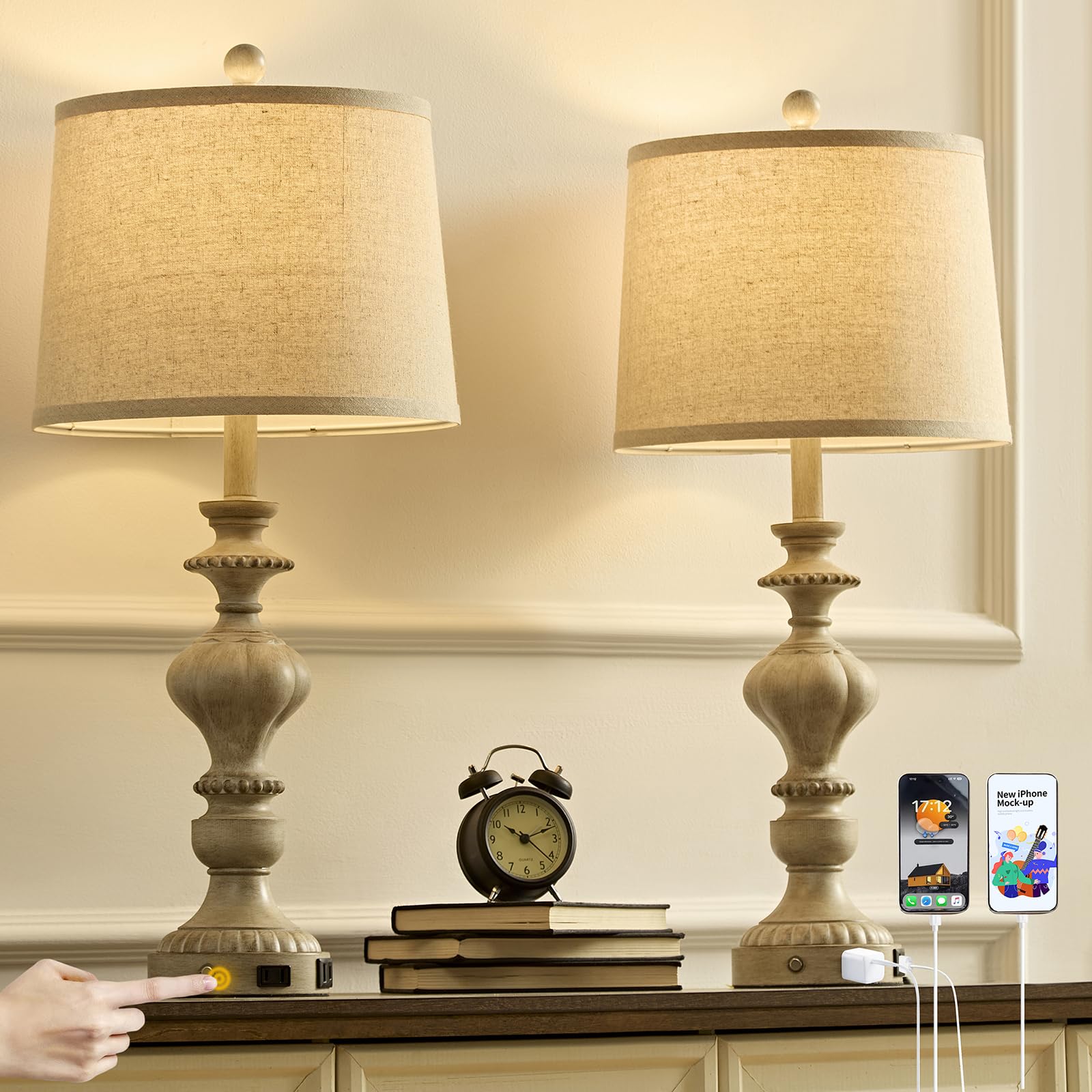 SAIWEYA 27.5in Farmhouse Table Lamps Set of 2, Touch Dimmable, USB Ports & AC Outlet, Resin, Gray, Model TM-T03