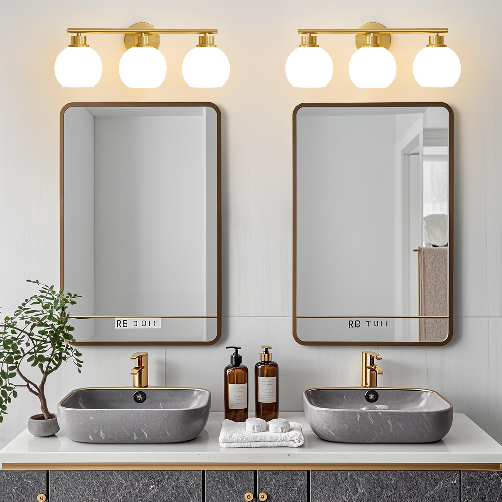 Lanmate Bathroom Vanity Light Fixture 3-Light Milk White Shade 21.65 inch Brass Gold Mid Century Wall Sconce