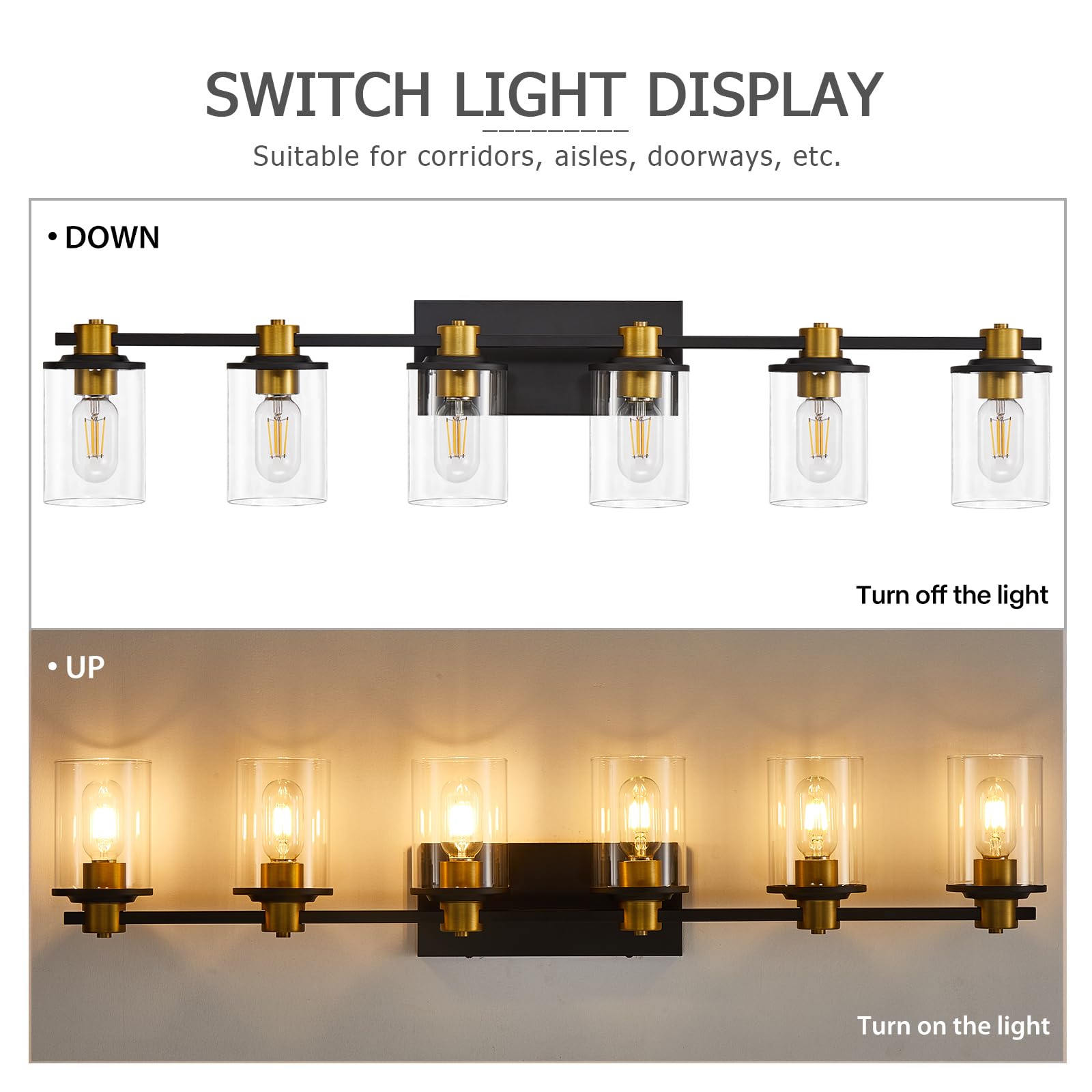 Stambord Bathroom Vanity Light, 6 Light Black and Gold Fixtures, Glass Shade, Model B50