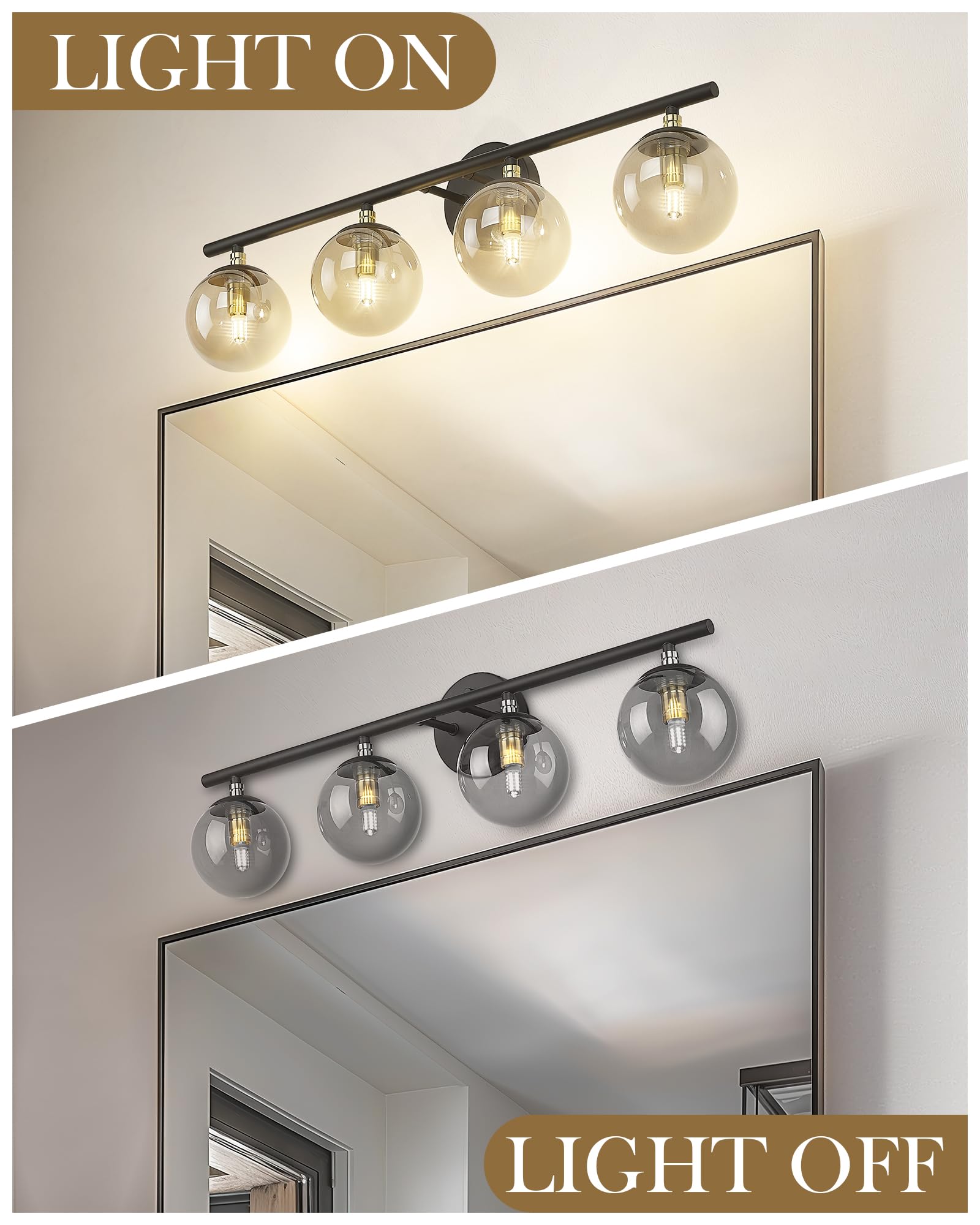 Lms 4-Light Matte Black Vanity Light, Modern Bathroom Lighting Over Mirror, Black And Brass Gold Finish With Globe Glass Shade,