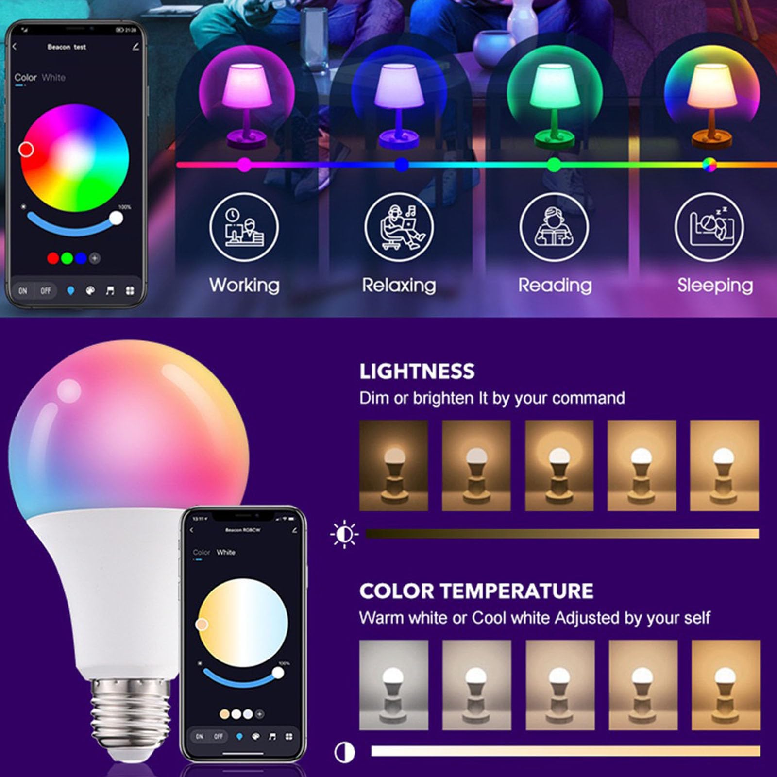 Afinsea Smart Light Bulbs,Wifi & Bluetooth Led Light Bulb That Compatible With Alexa & Google Home, Color Changing Light Bulb, 10W A19 E26 2.4Ghz Wifi Light Bulbs 60 Watt Equivalent, 800Lm Dimmable