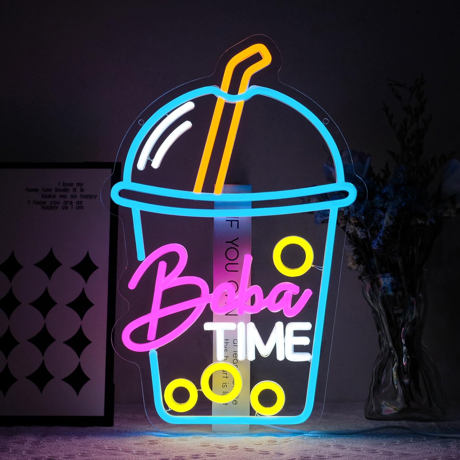 Virlusy Boba Time Neon Sign LED Light - Medium Acrylic Wall Decor - Pink Blue Yellow White - Model YL-Boba Time