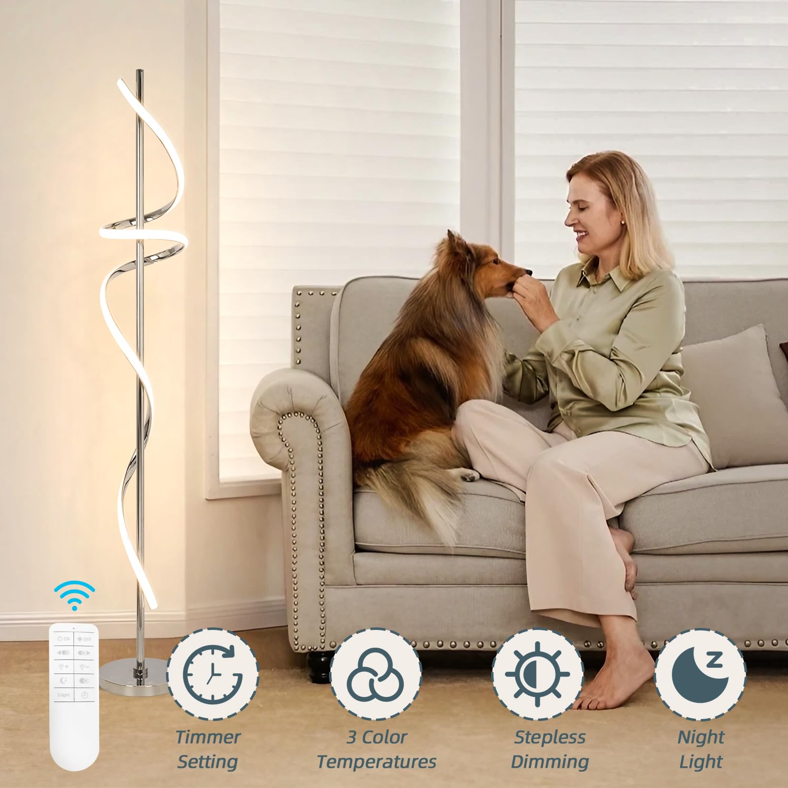 EIDISUNY Modern Floor Lamp - 60" Dimmable LED, Remote Control, Chrome, 48W, 3 Color Temperatures for Living Room, Bedroom, Home Office