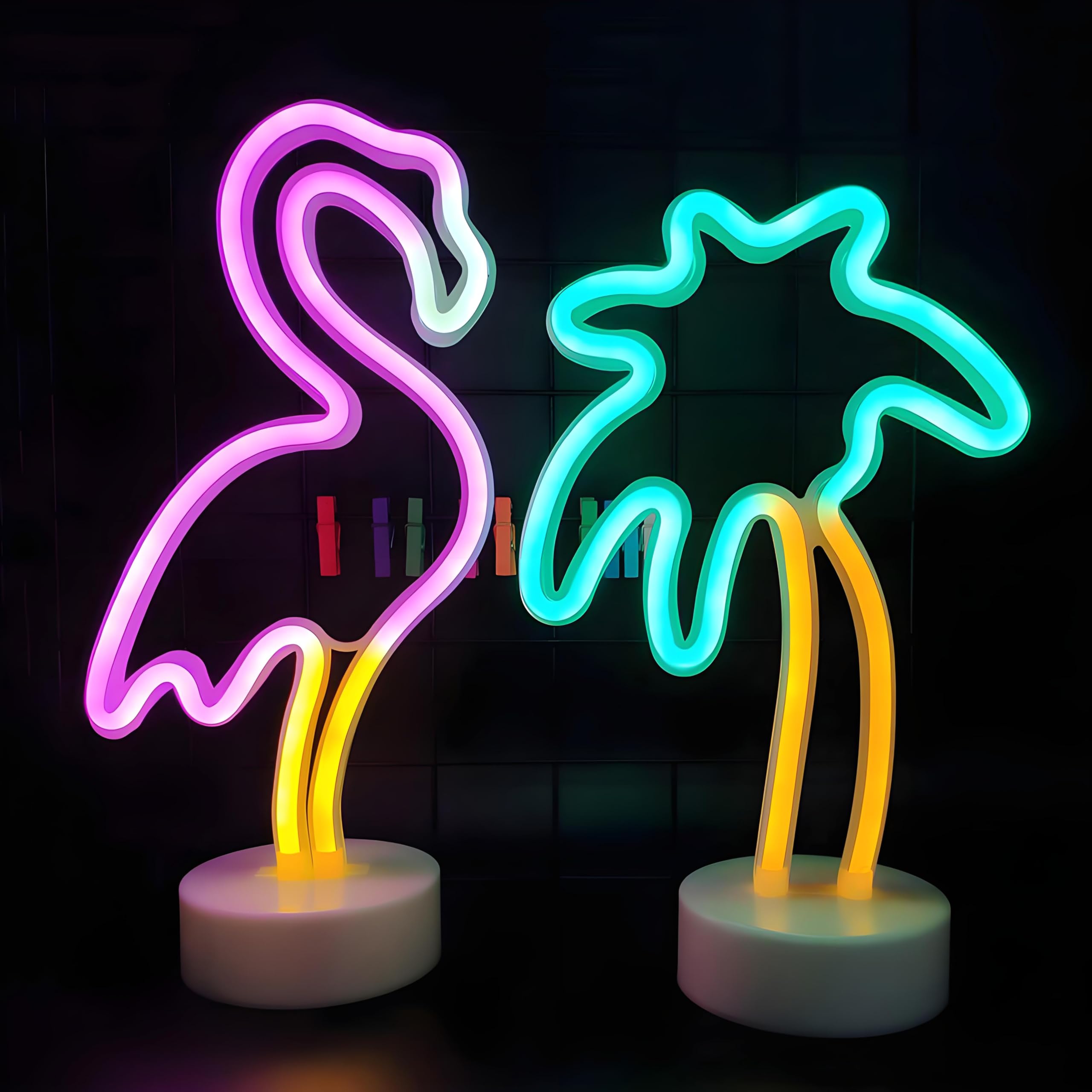Enuoli Led Flamingo And Coconut Palm Tree Neon Signs Led Battery/Usb Powered Neon Light With Holder Base Decoration Neon Light F