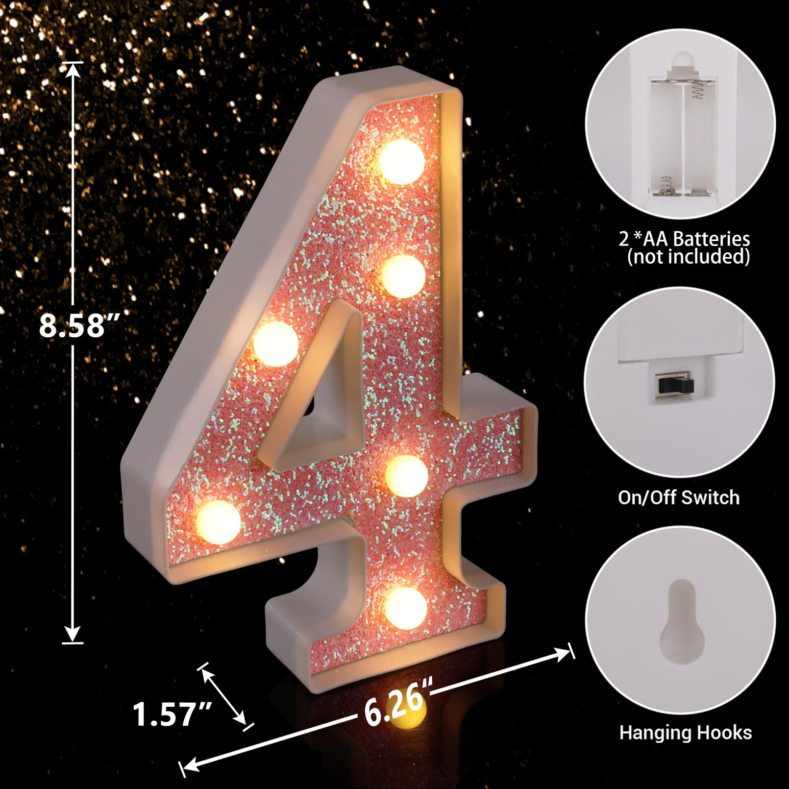 TRONSBOO LED Letter Light - Pink Glitter Marquee Number 4, Battery Powered, 6.26in x 8.58in x 1.57in, Plastic, Home Party Decoration
