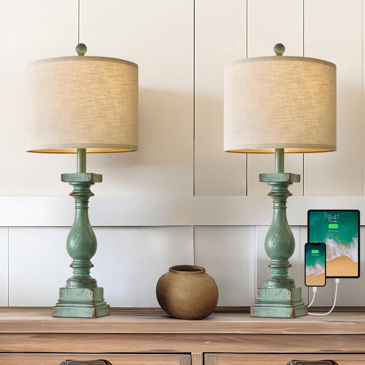 BOBOMOMO 27in Farmhouse Table Lamp Set of 2, USB A+C, Vintage Rustic, Antique Green, Model AMZ-T279USB-GRN