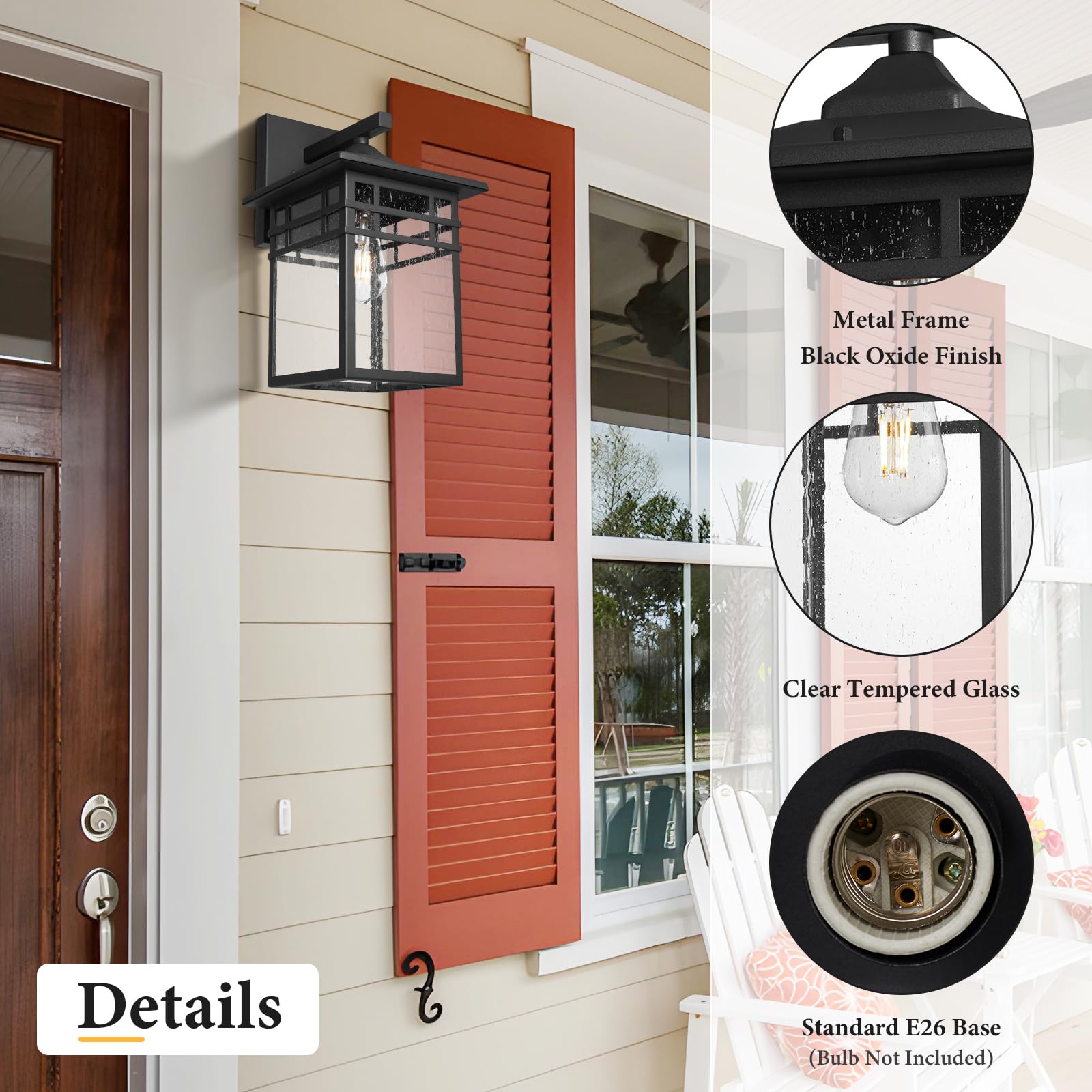 Diyel Outdoor Wall Lantern, Black Waterproof Sconce with Seeded Glass, 9-Inch Large Size for Front Porch & Doorway