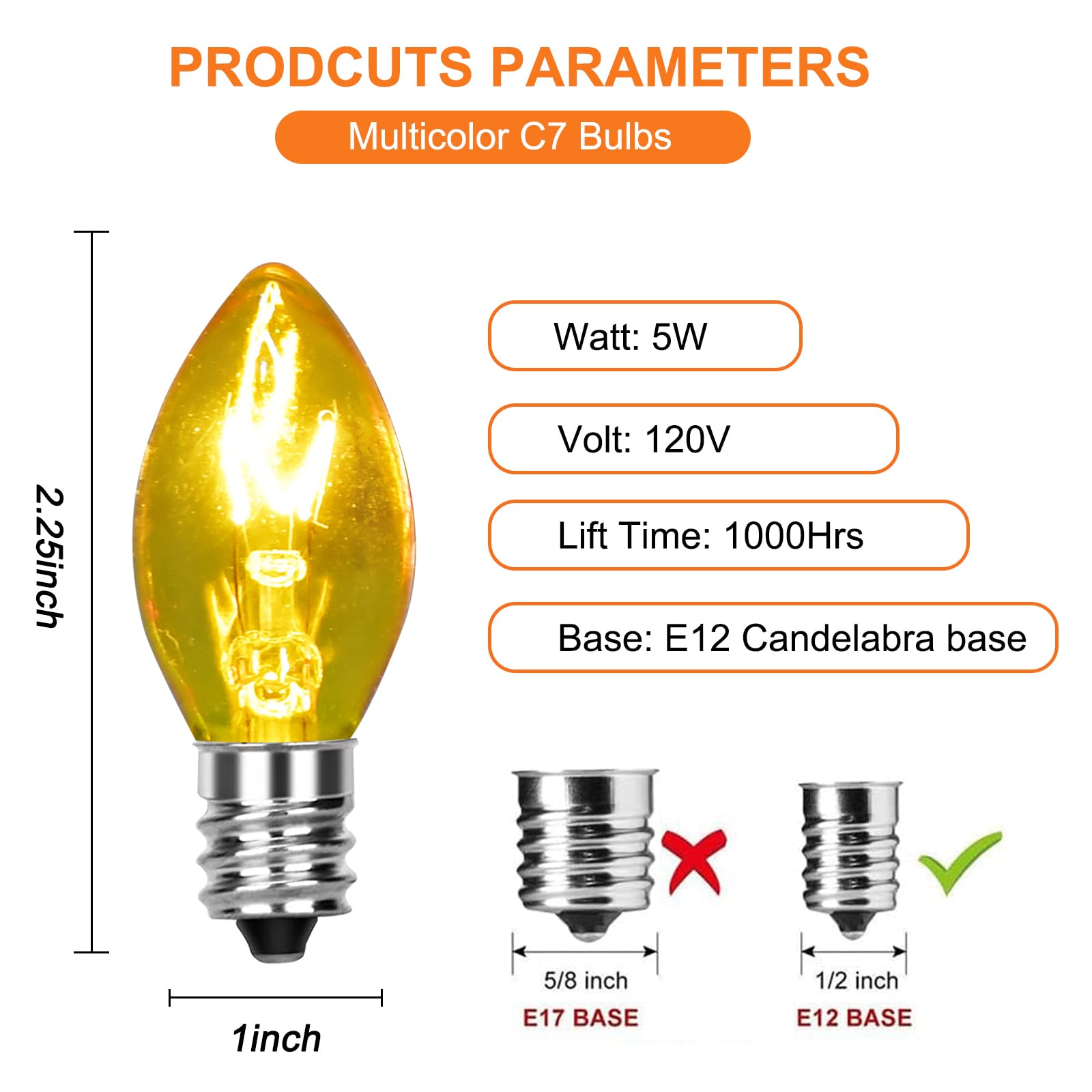 Bokoiuu C7 Replacement Light Bulbs Multicolor, 25 Pack Christmas Clear Multicolor Night Light Bulbs, C7/E12 Candelabra Base For