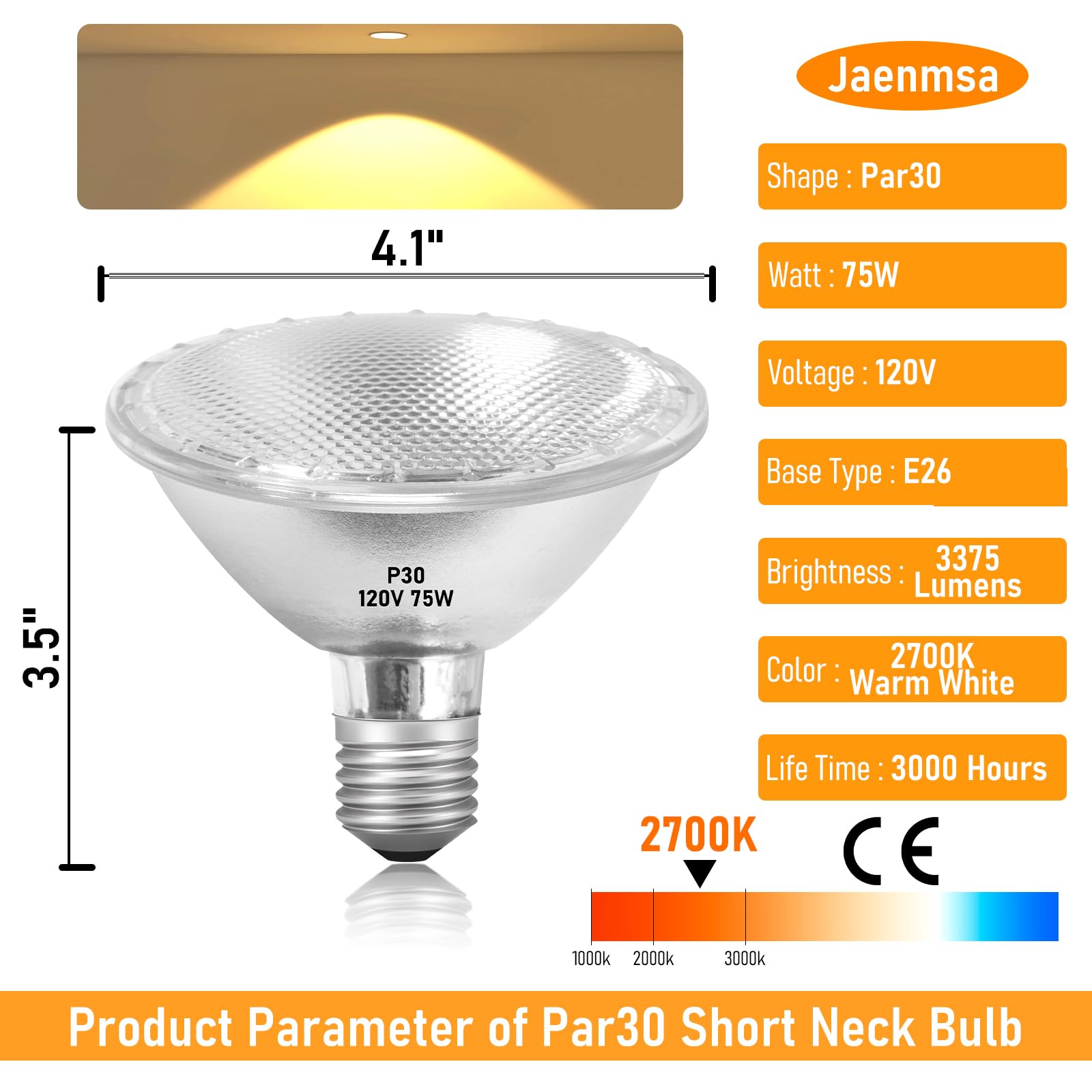 Jaenmsa Par30 Short Neck Halogen Flood Bulbs 75W 120V, Par30 Halogen Indoor Floodlight Bulbs Outdoor E26 Dimmable 2700K Bulb 2 P