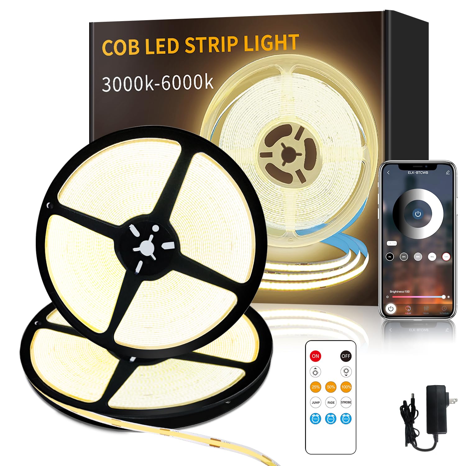 Yeewhale 100Ft Cob Led Strip Lights 3000K Warm White Dimmable Dc 24V Flexible Led Tape Light For Bedroom, With Remote And App Control Led Light Strip,For Diy Home Decoration