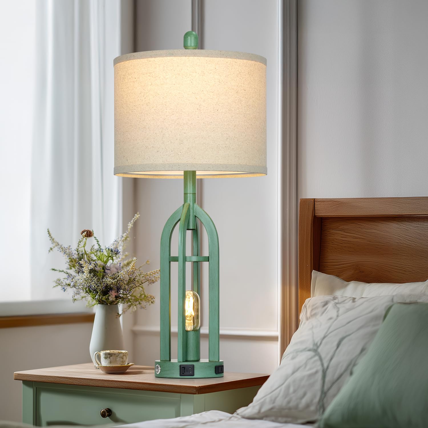 Cinyirong 27" Tall Coastal Lamp, Retro Green Vintage USB Table Lamp, 3-Way Dimmable Touch Control, Metal for Bedroom, Nightstand