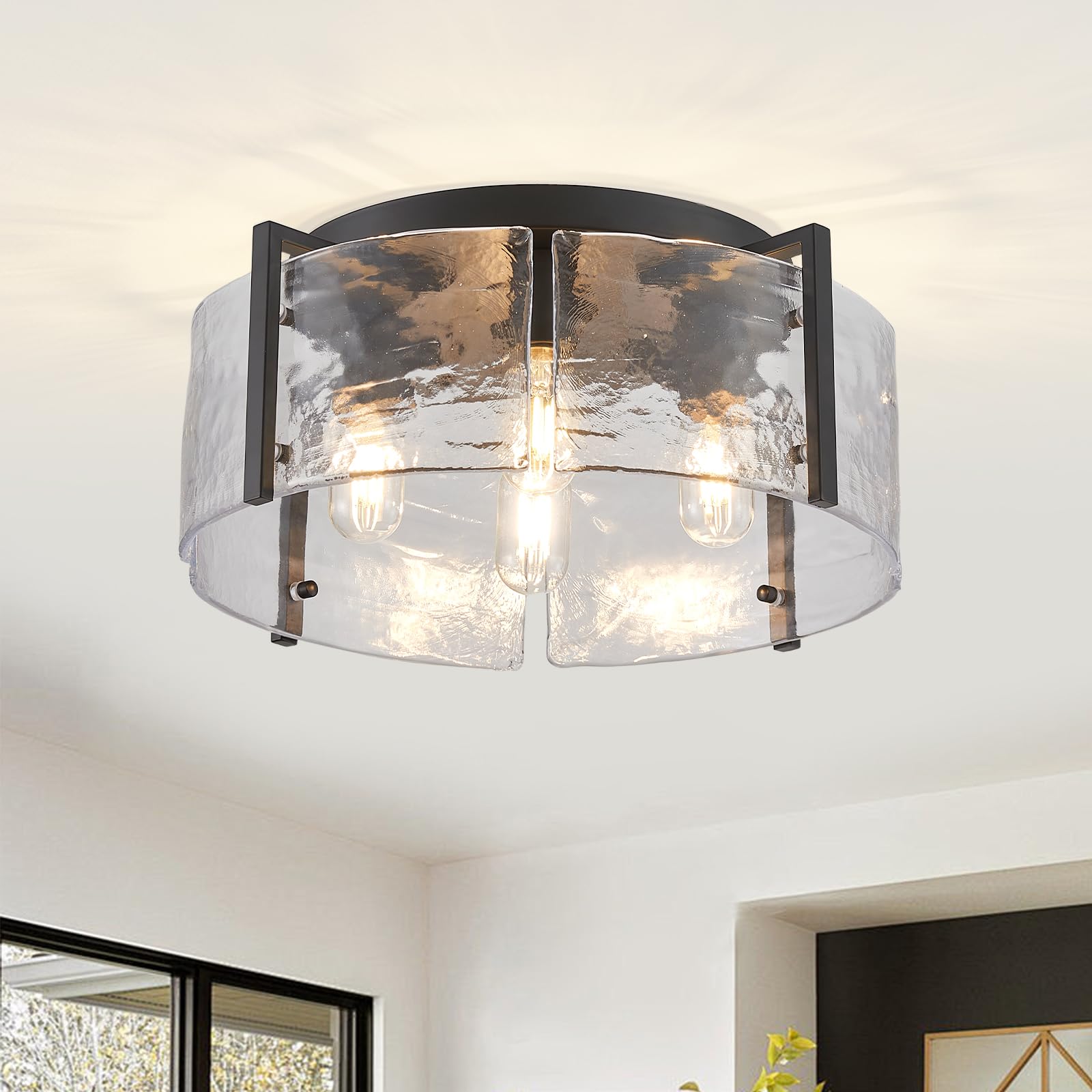 peskoe 17.3 Semi Flush Mount Ceiling Light Fixture, Black 4-Light Modern Water Ripple Chandelier Glass Light Fixture for Entrywa