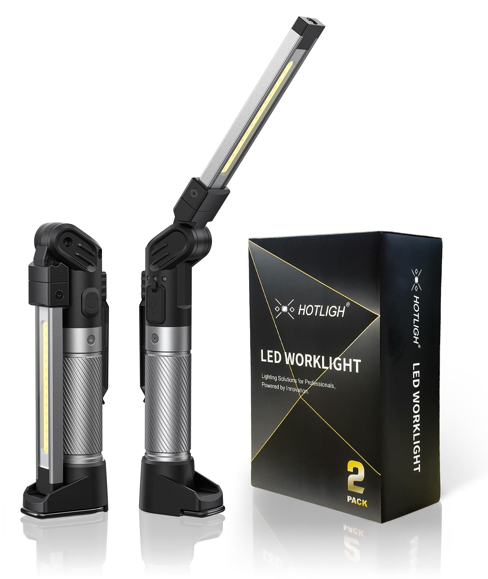 Hotligh Magnetic Light - 800 Lumens Work Light With Multifunctional Foldable Design  2200 Mah Magnetic Flashlight  3 Lighting Modes Mechanic Flashlight For Car Repairing/Emergency  2 Pack