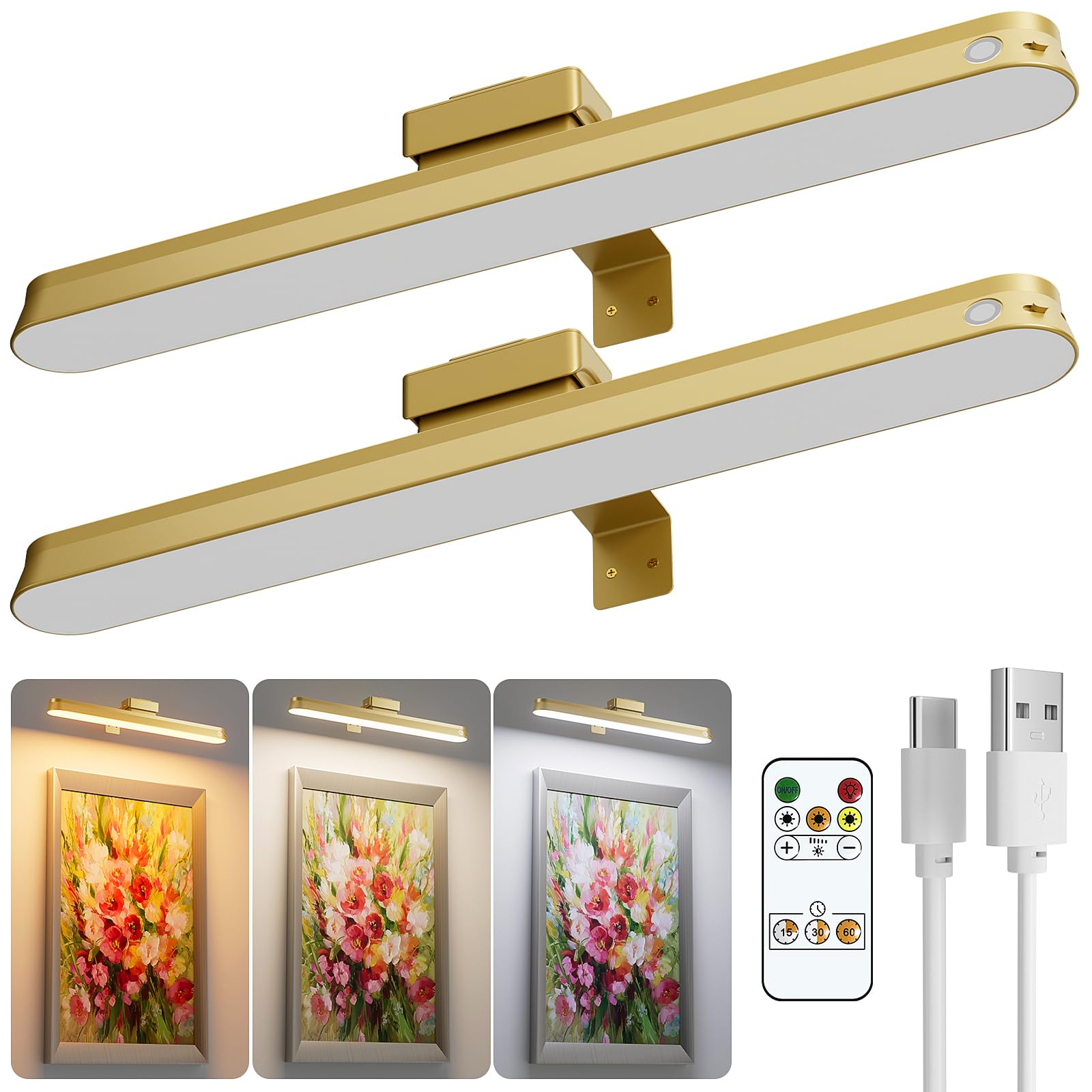 Picture Lights for Wall Battery Operated, 2-Pack 16in Magnetic Rechargeable Picture Light with Remote, Dimmable, Timer Painting 