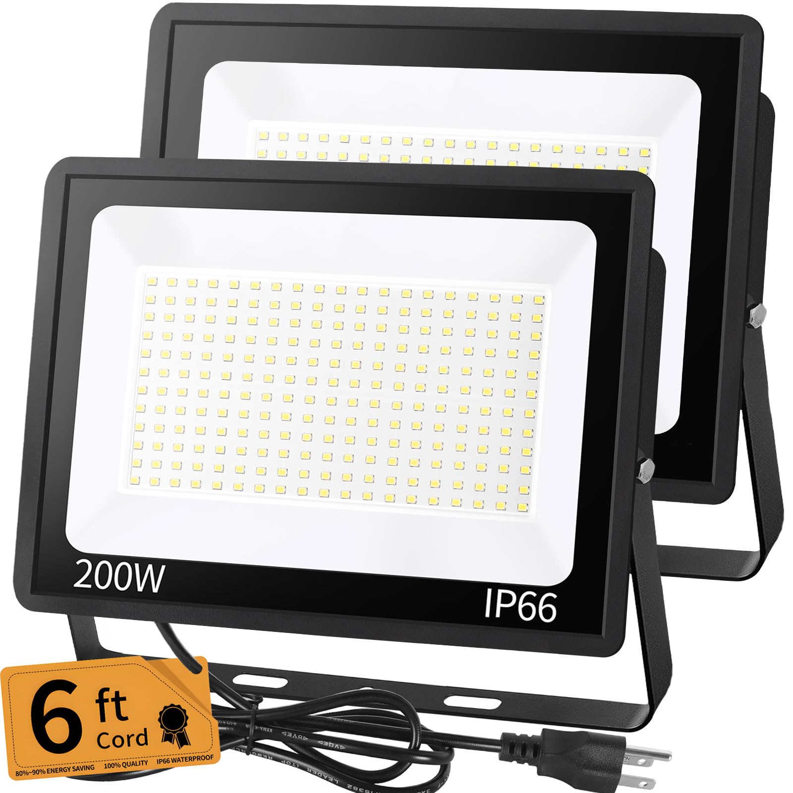 200W LED Flood Light Outdoor with 6ft Plug, 24000LM Brighter Exterior Security Lights, 5000K Daylight LED Work Light, IP66 Water