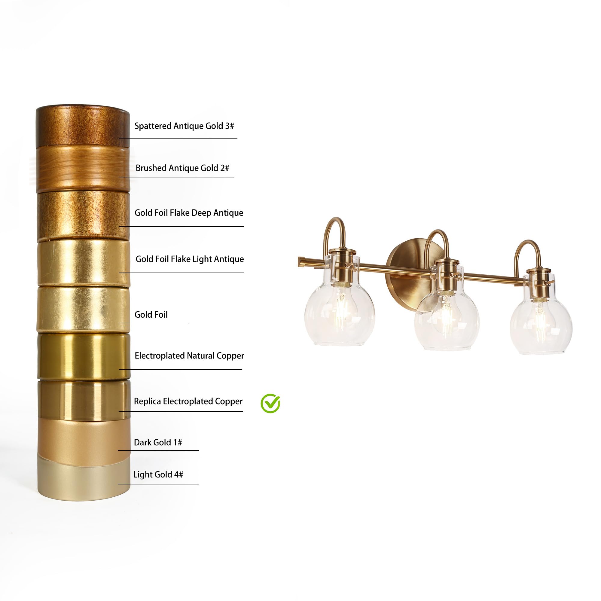 KSANA Bathroom Vanity Light, 3-Light Electroplated Copper Fixtures with Globe Clear Glass Shades