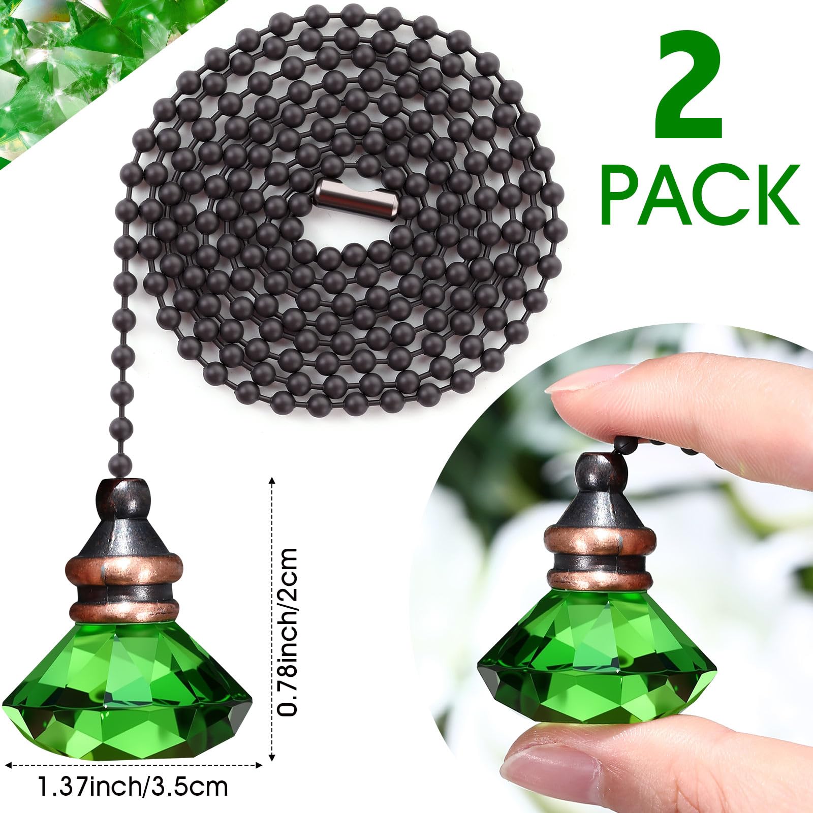 JOVITEC 2 Pieces Pull Chain Ceiling Fan Ornaments Light Crystal Pull Chain Extension Decorative, 1 Meter Long Each(Green Color)