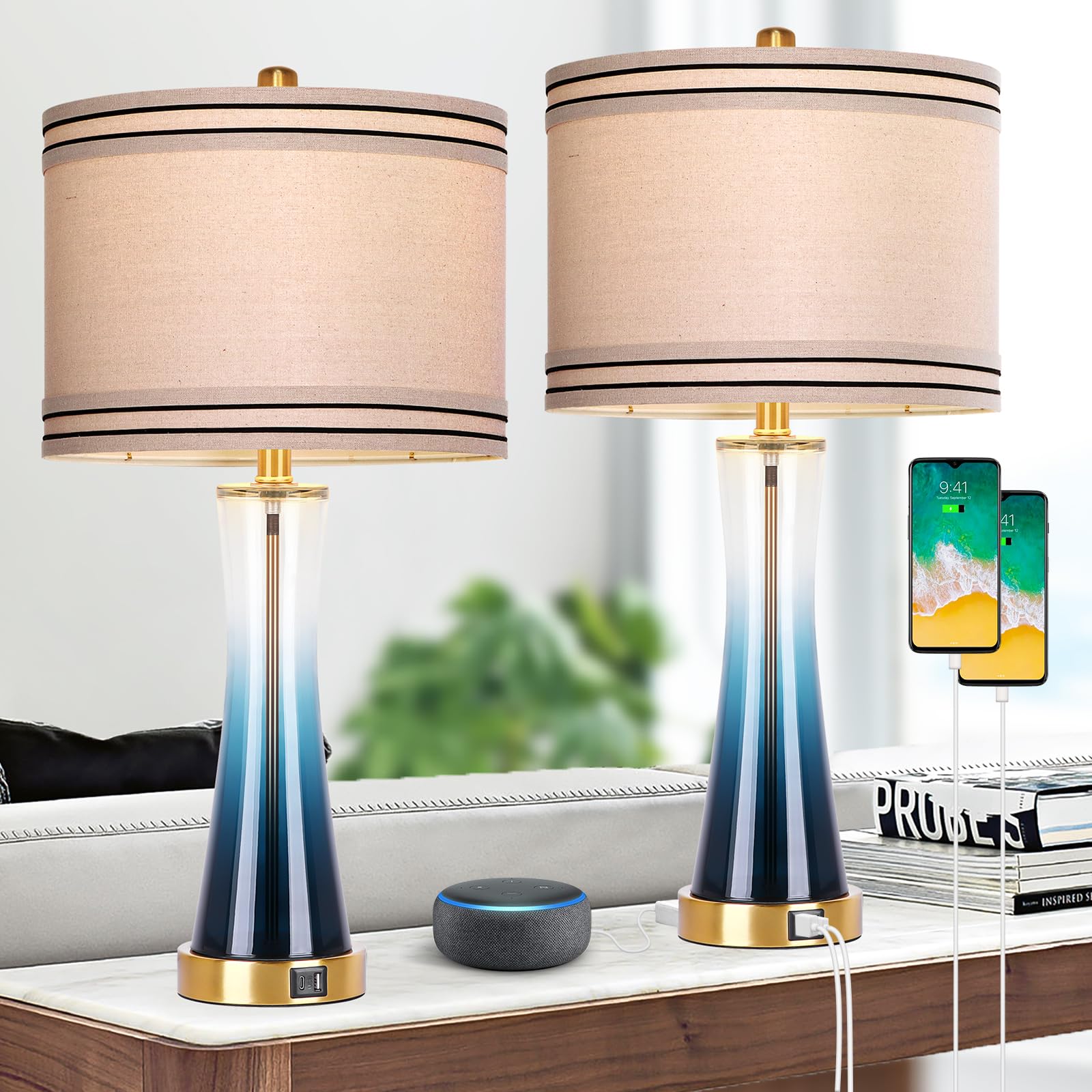Dott Arts 27.4in Glass Bedside Lamps Set of 2, 3-Way Dimmable with USB Ports, Touch Control, Blue, Model TLA-9W-01