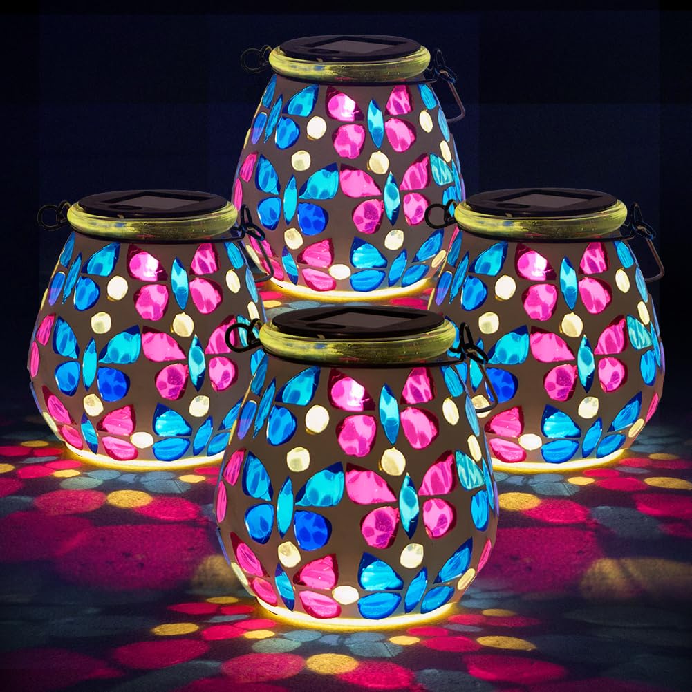 Stargarden 4 Pack Mosaic Solar Lanterns, Glass Hanging Lantern Waterproof Outdoor Hanging Solar Lights Butterfly Decorative Lant