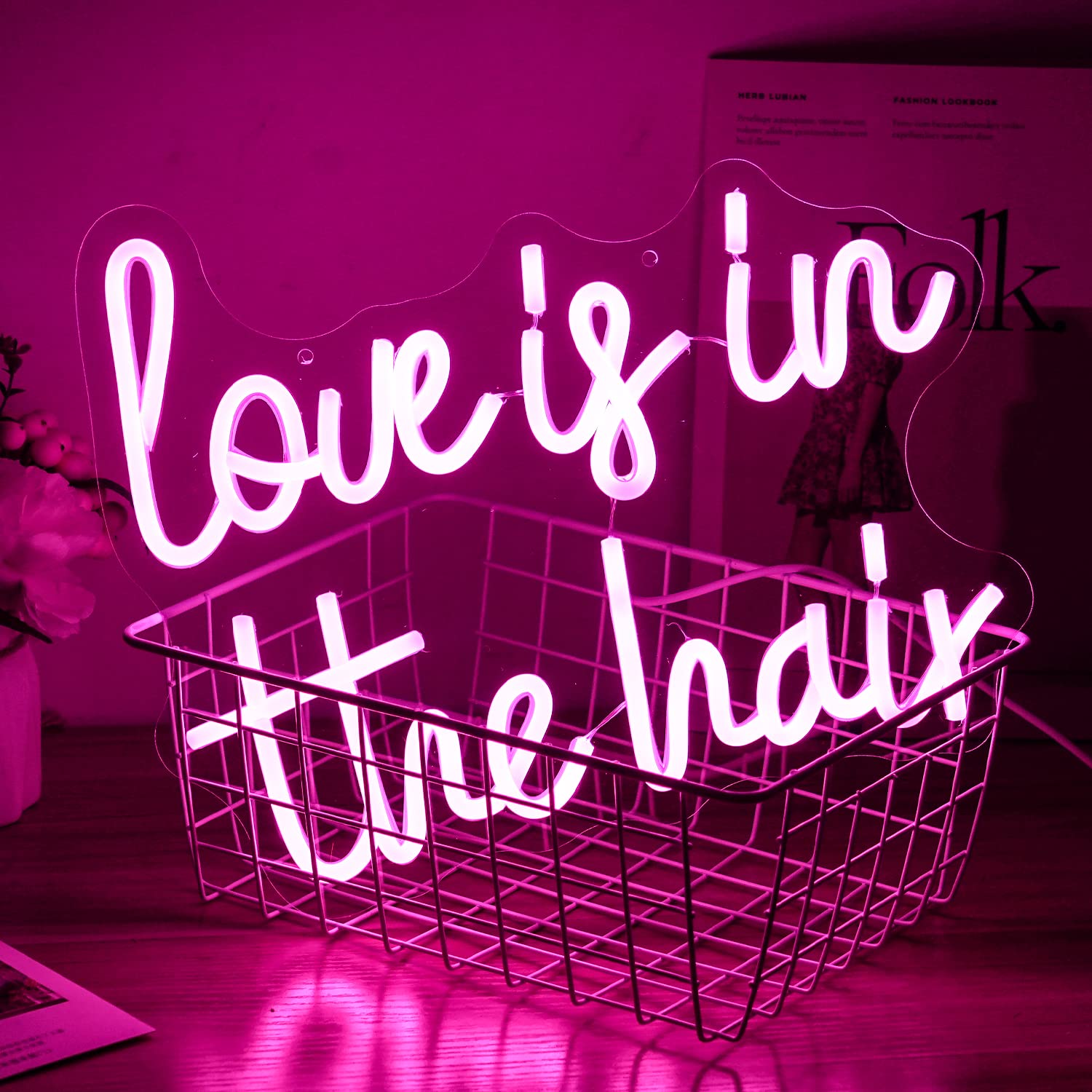 Alkkign Neon Sign - inLove is in the Hairin LED Light, Pink, 13.4inx10.6in, Model NS-28