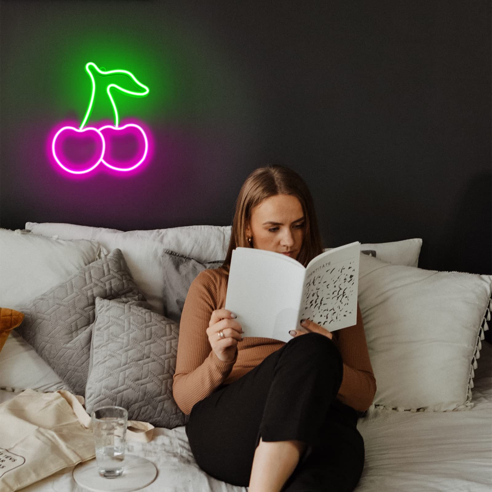 BerniceKelly Cherry Neon Sign, LED Wall Decor, Plastic, Model WUE-54, Green & Pink Cherries for Kids Room, Restaurant, Bar, Home