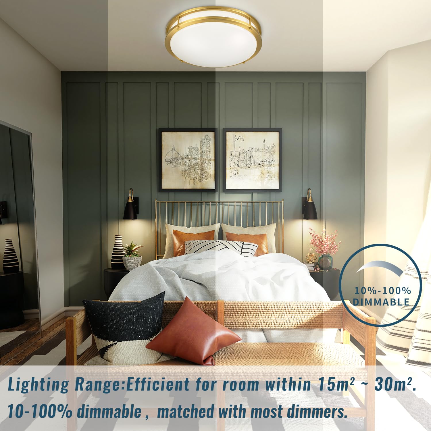 Wheatronic 18 Inch Ceiling Light Fixture Flush Mount Gold, 36W Large Living Room Ceiling Light Led, Dimmable Kitchen Lighting Fi